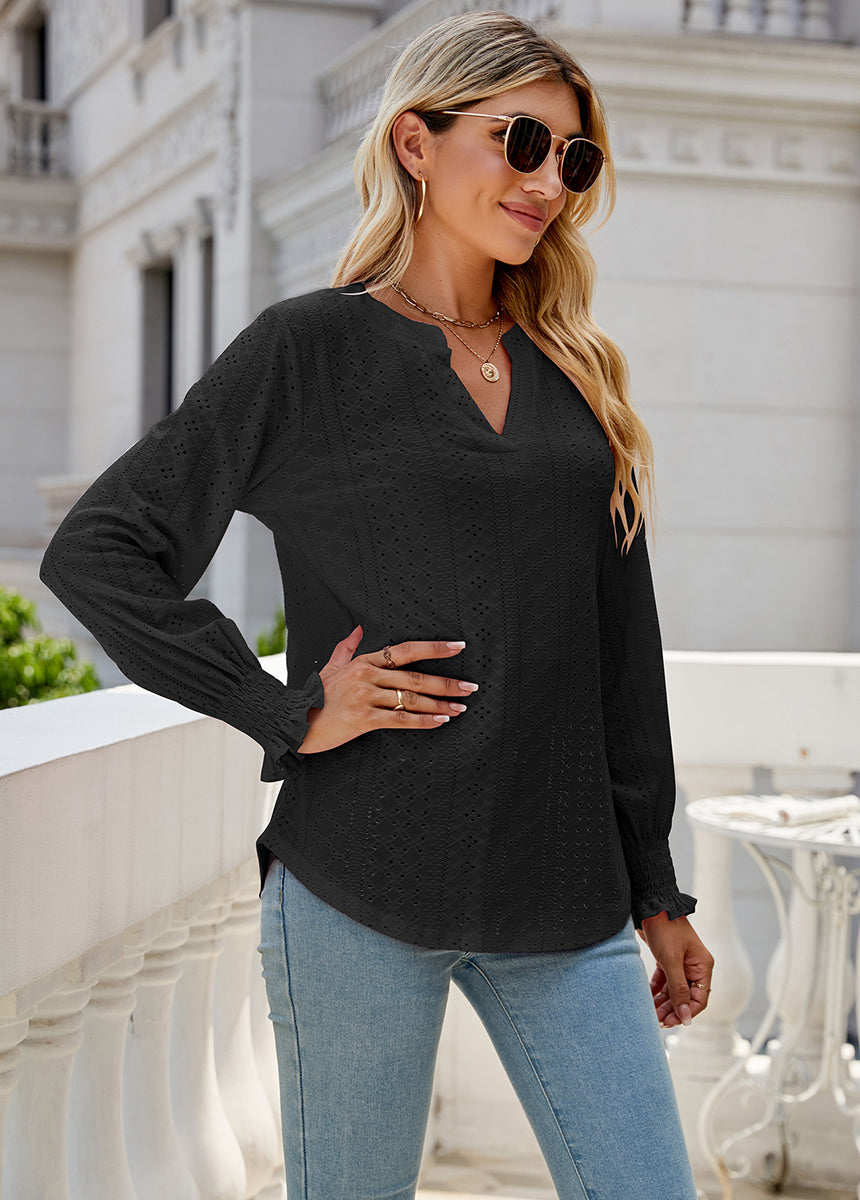 Solid Color Hollow Pleated Ruffle Sleeve V-Neck Loose Long Sleeve Top