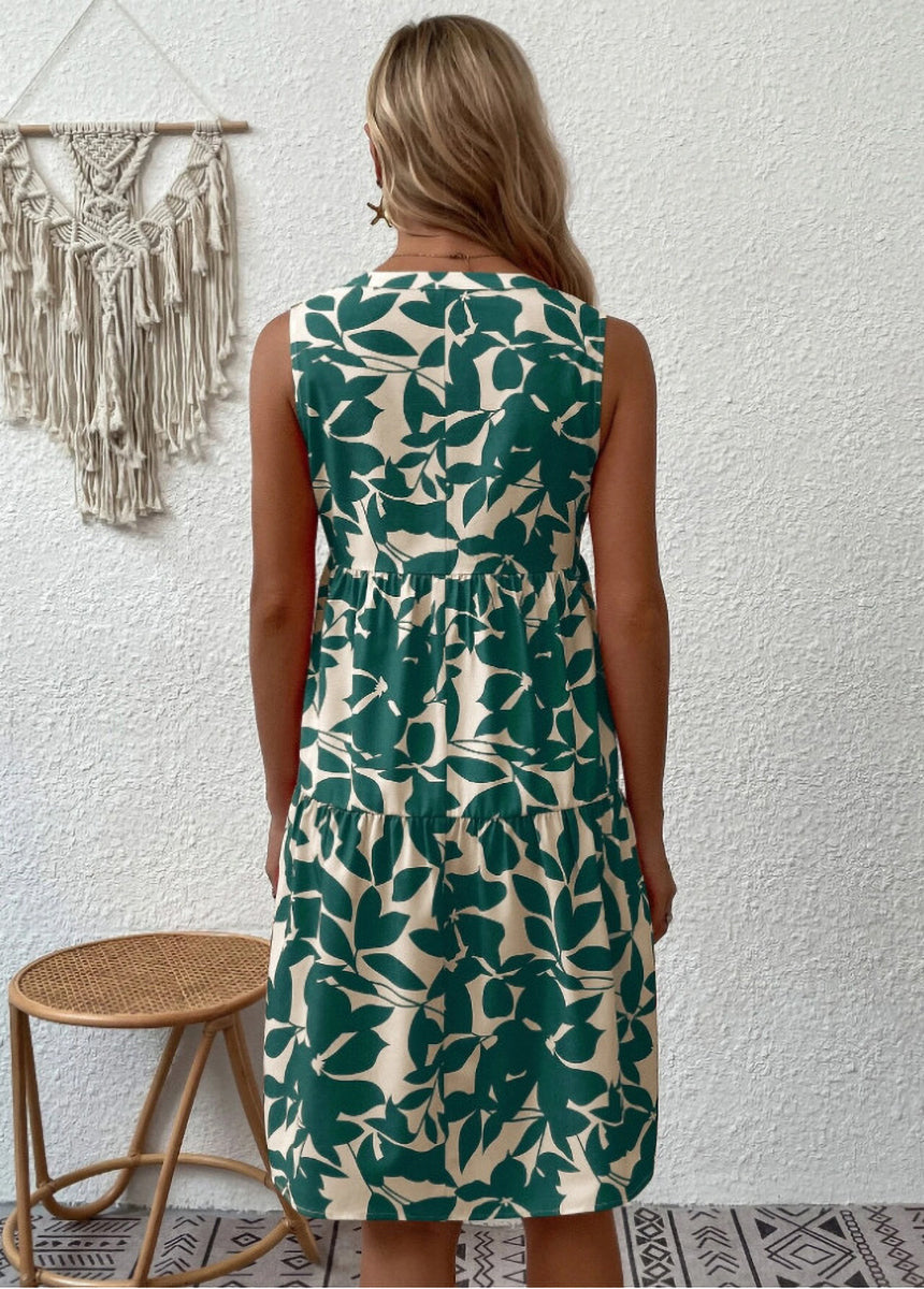 Bohemian V-Neck Pleated Printed Dress