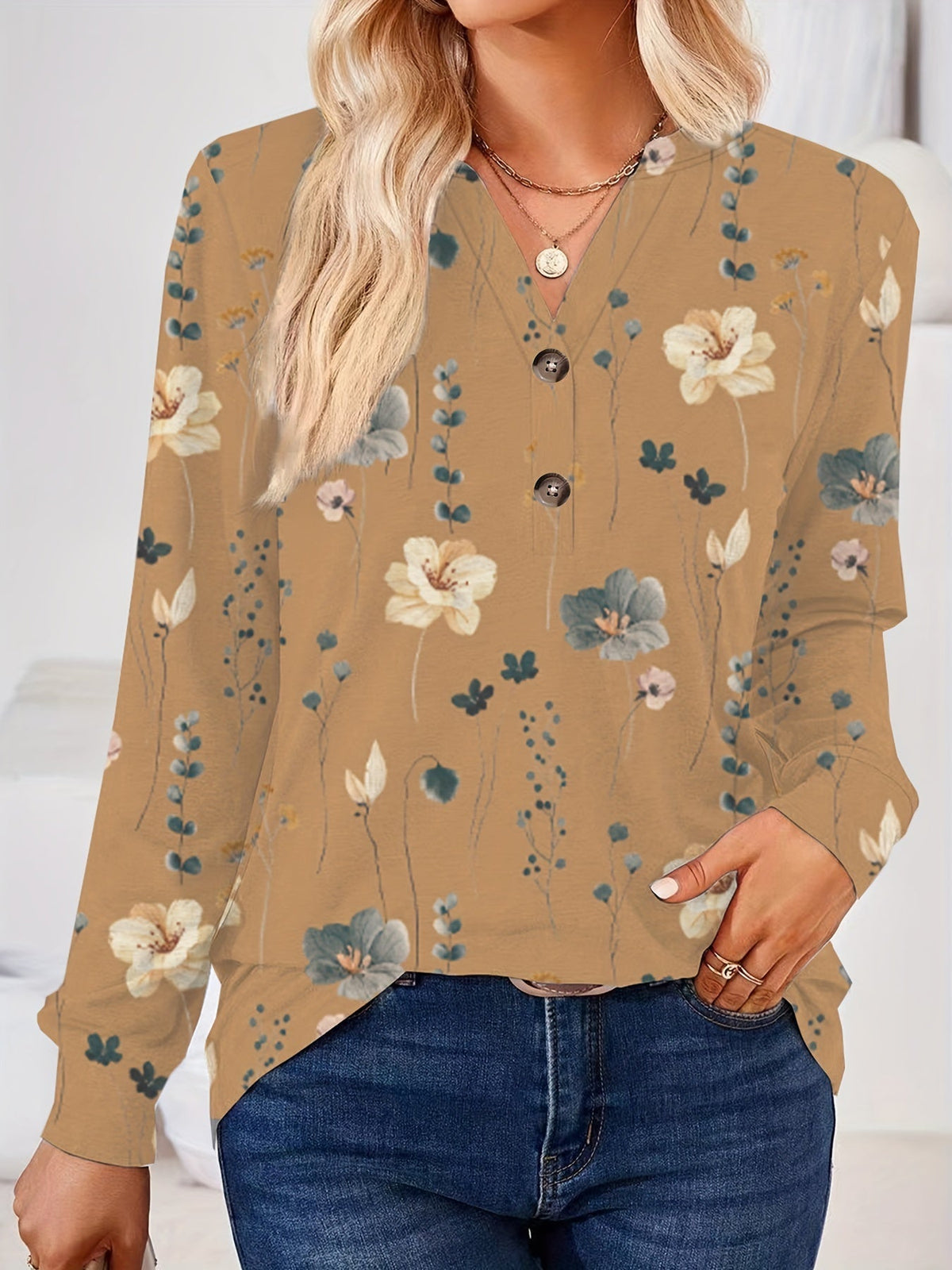 Floral Print V Neck Button T-Shirt, Casual Long Sleeve T-Shirt