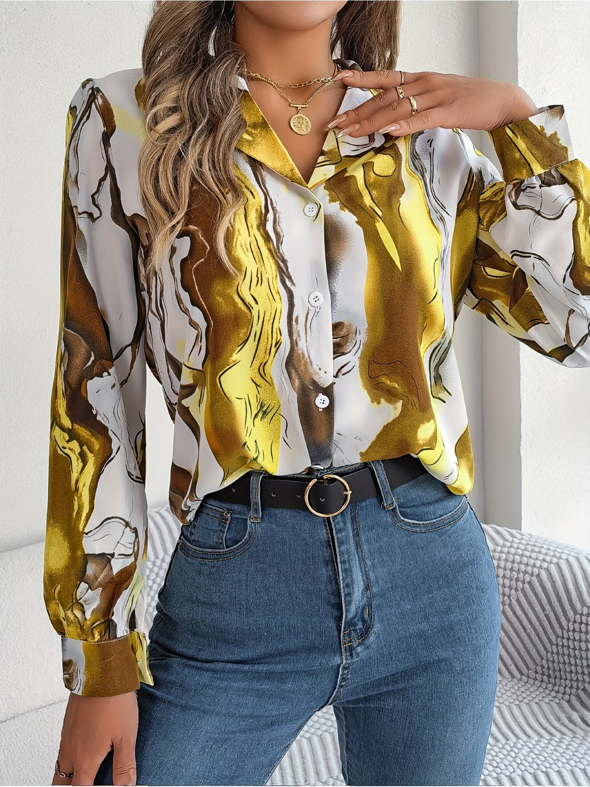 Graphic Print Button Front Shirt, Casual Long Sleeve Shirt