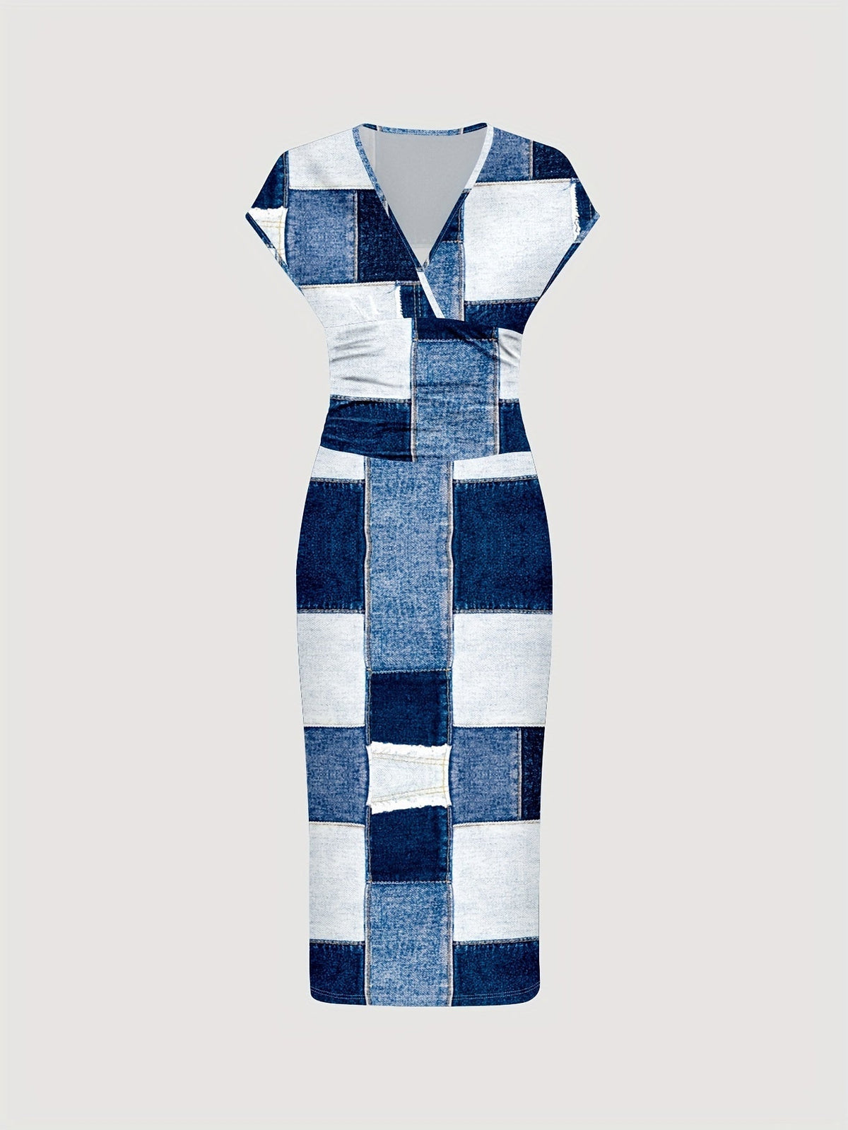 Patchwork Print V Neck Dress, Elegant Short Sleeve Dress