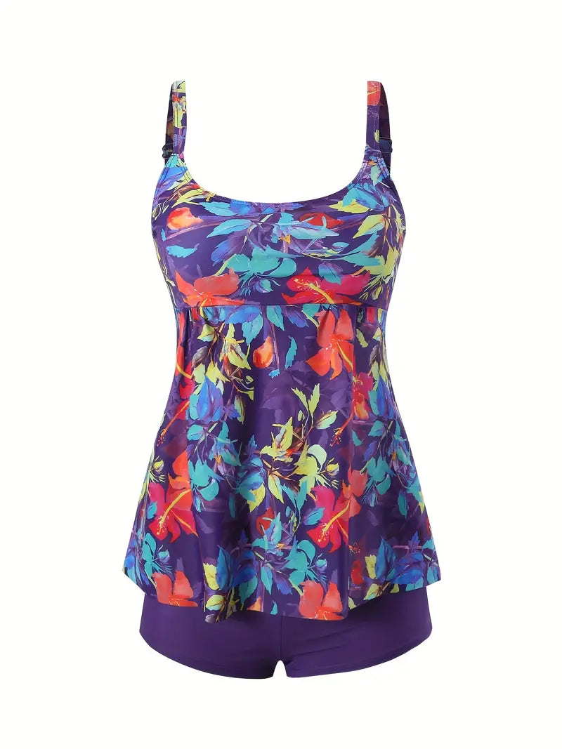 Colorful Digital Pattern Tankini Sets, Boxer Shorts Stretchy Tummy Cover Two Piece Swimsuit