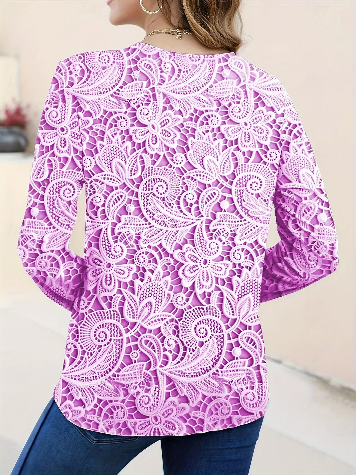 Elegant Floral Print High-Stretch Round Neck Long Sleeve Top