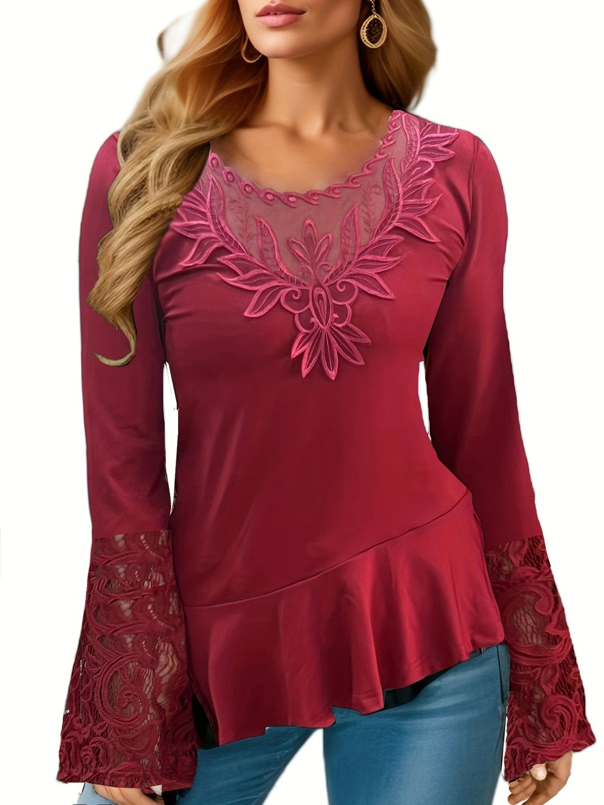 Contrast Lace Ruffle Hem Crew Neck T-Shirt, Casual Long Sleeve Top