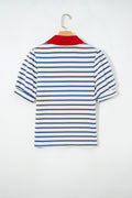 Blue Stripe Short Puff Sleeve Color Block Polo Collar Blouse