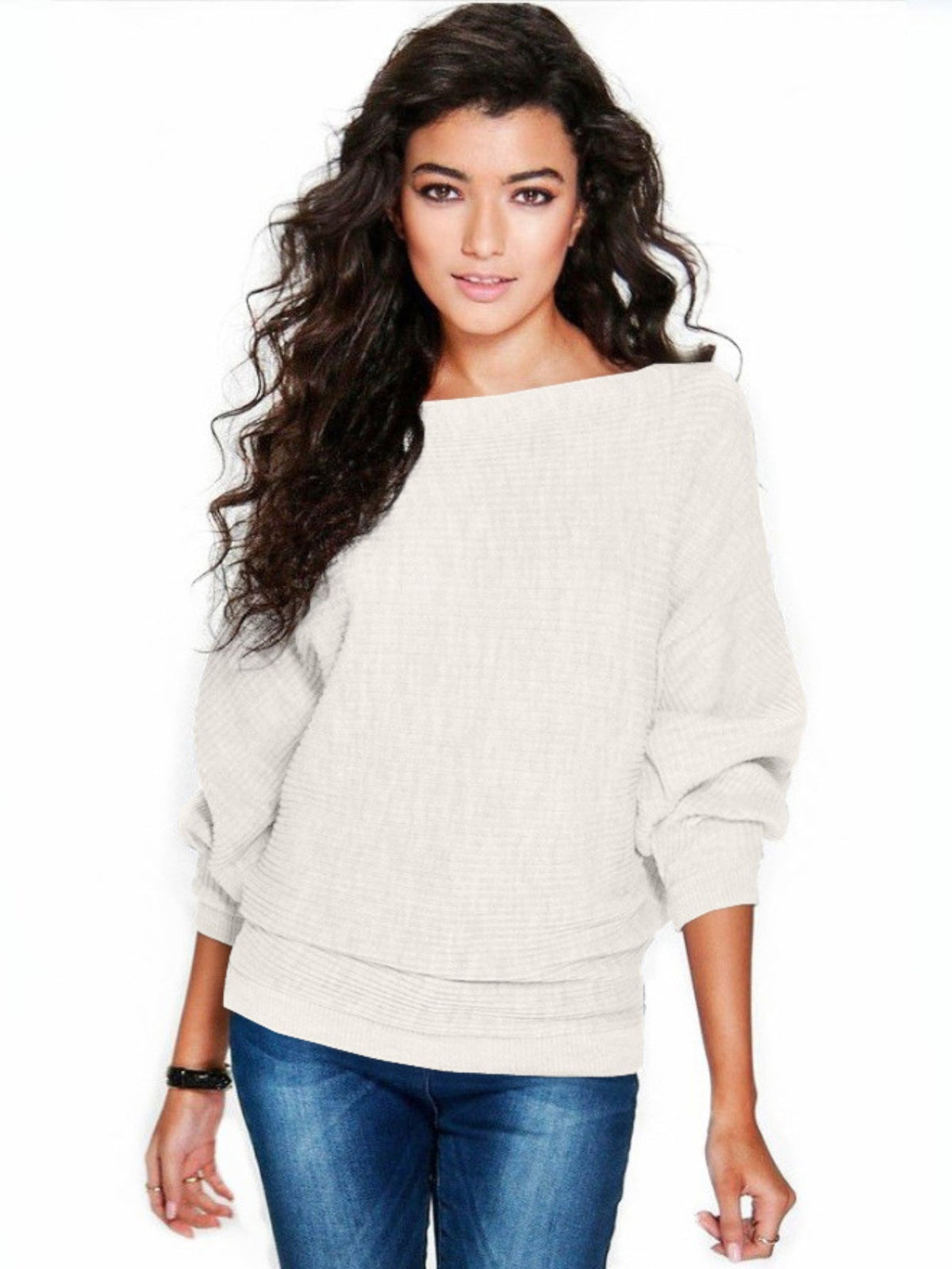 Solid Boat Neck Pullover Sweater, Casual Batwing Sleeve Drop Shoulder Sweater