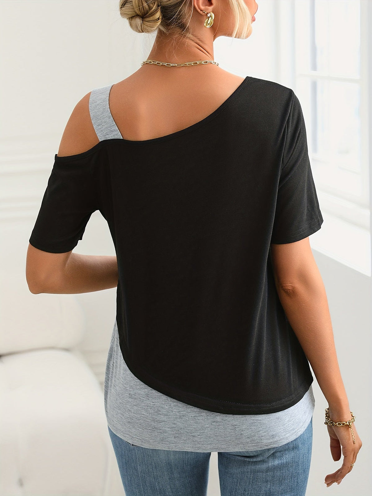 Women's Colorblock Cold Shoulder T-Shirt - Casual and Comfortable