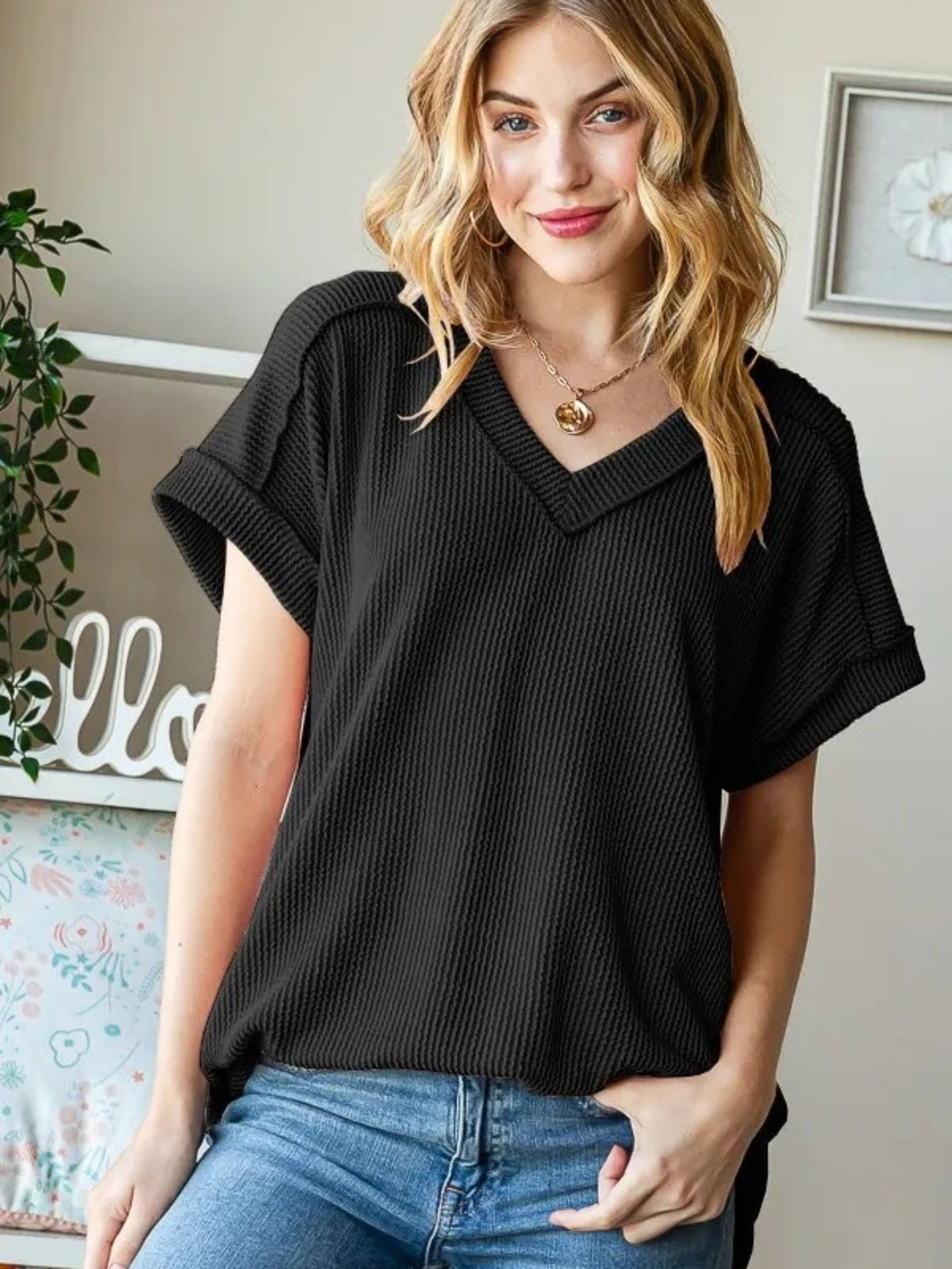 Striped jacquard knit loose-fitting V-neck short sleeve T-shirt