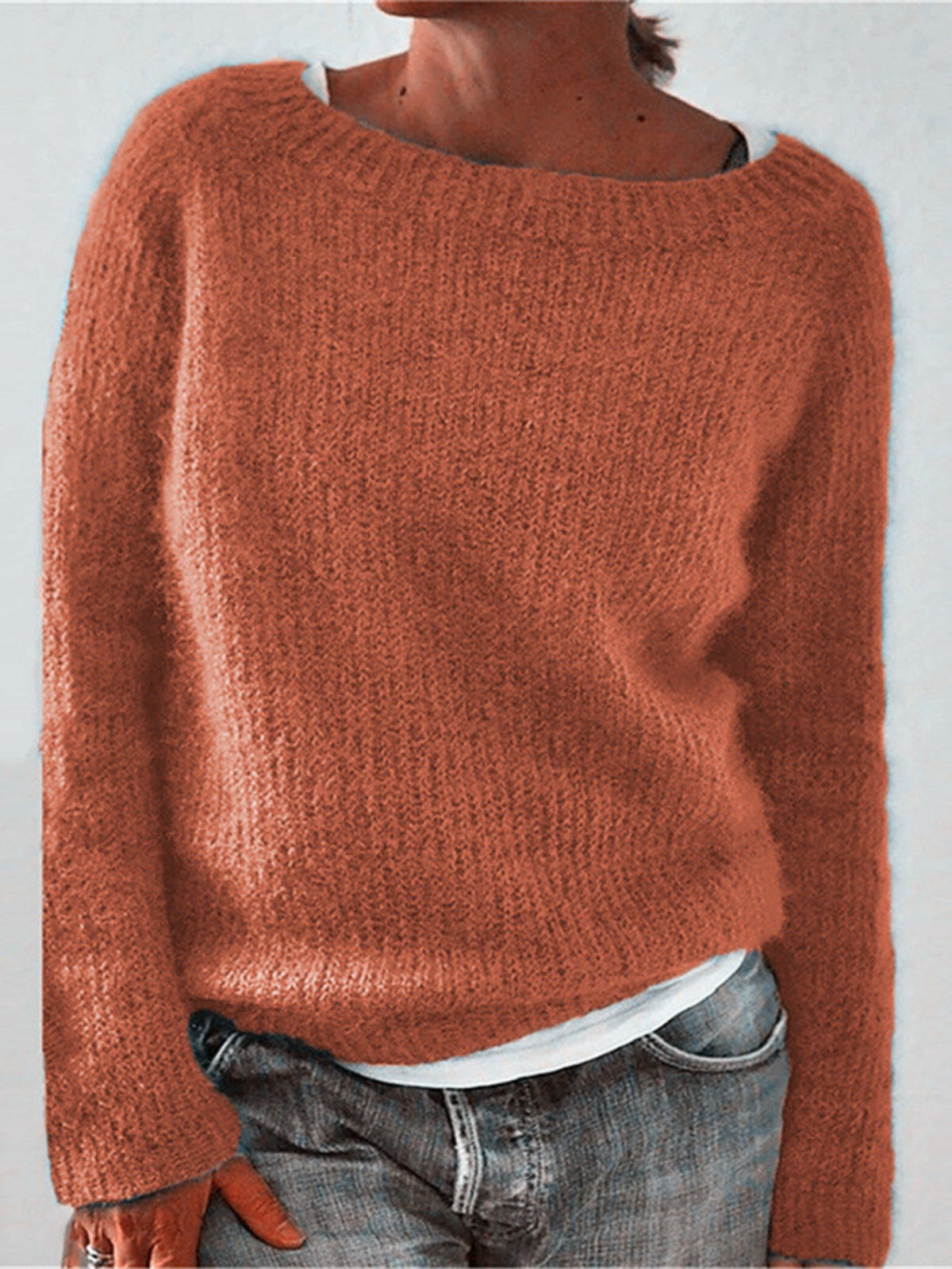 Solid Color Pullover Casual Long Sleeve Cozy Crew Neck Knit Sweater