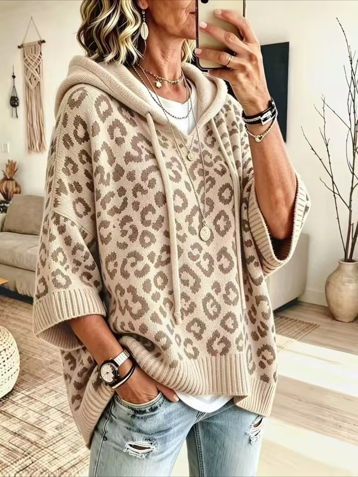 Leopard Pattern Hooded Knit Sweater with Batwing Sleeves