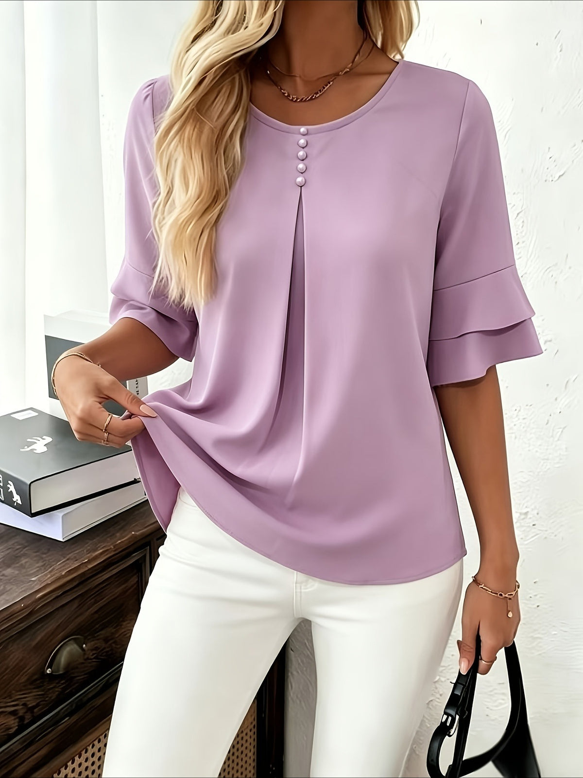 Elegant Fashion Summer Loose Solid Round Neck Button-Up Shirt Flared Sleeve Ruffle Top