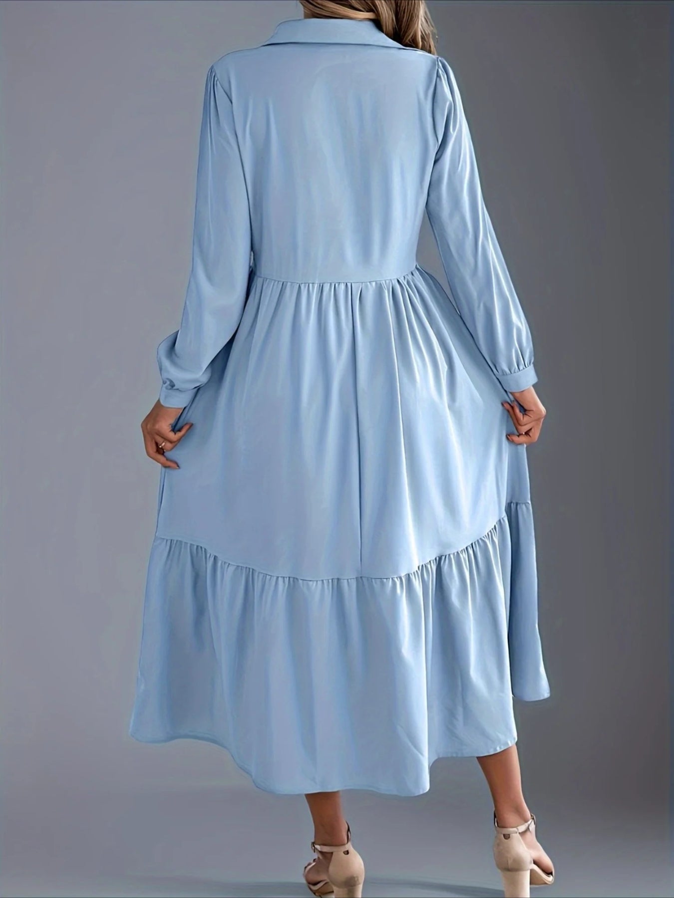 Elegant Solid Color Ruffle Hem Long Sleeve Lapel Collar Midi Dress