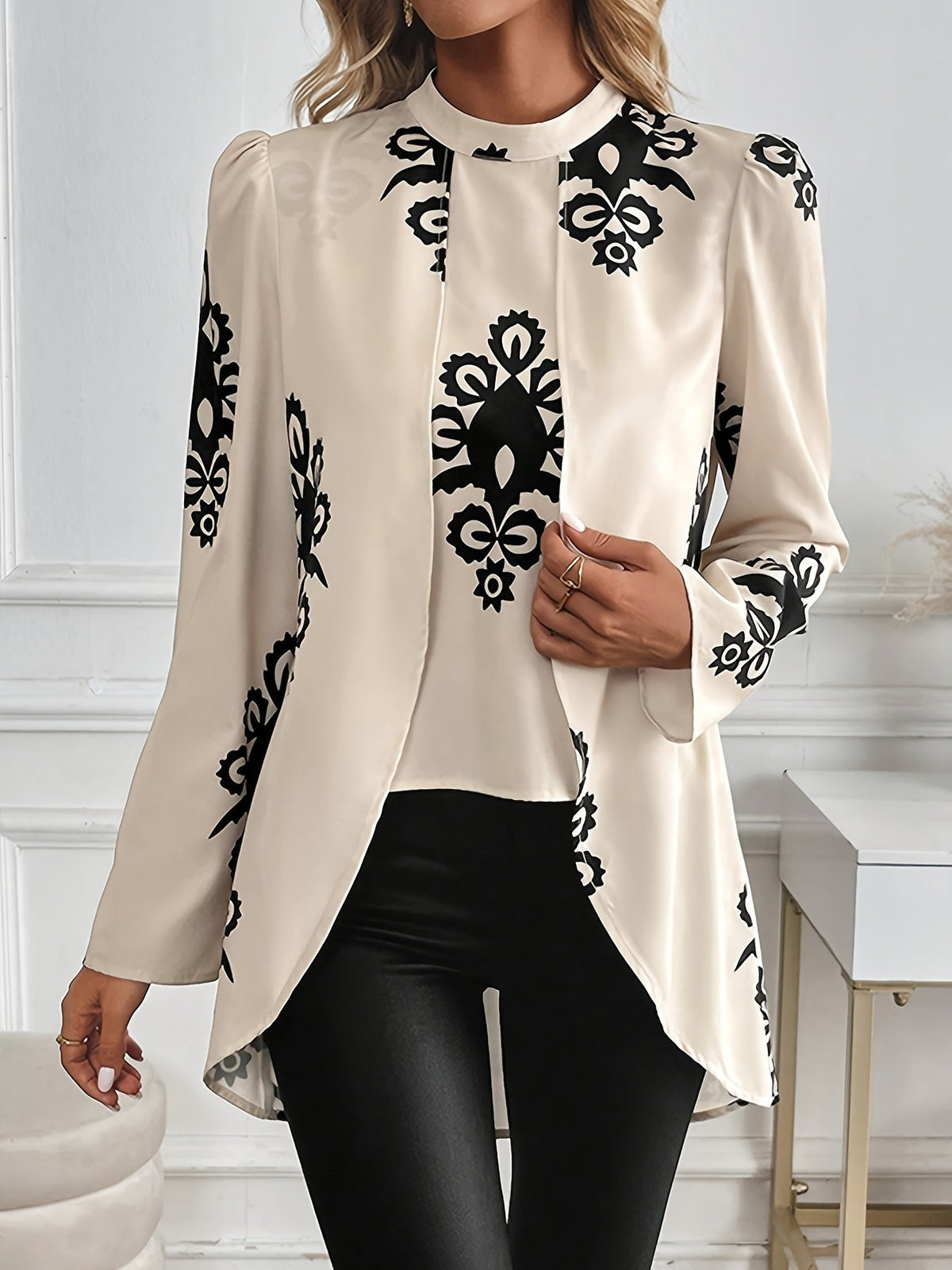 Women's Printed Collar Shirt, Elegant Long Sleeve Blouse