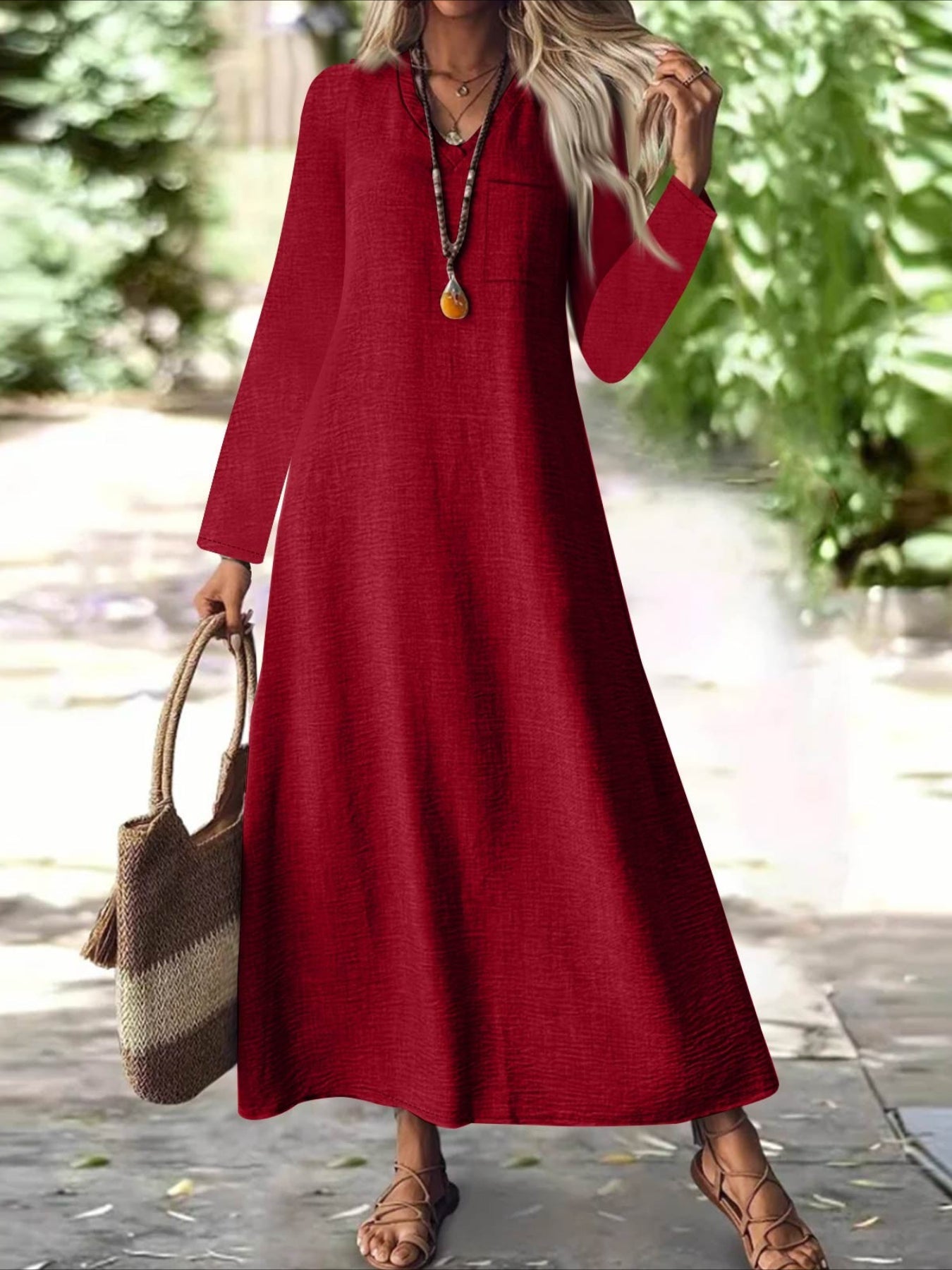 Back Zipper Solid Color Long Sleeve Cotton and Linen Dress