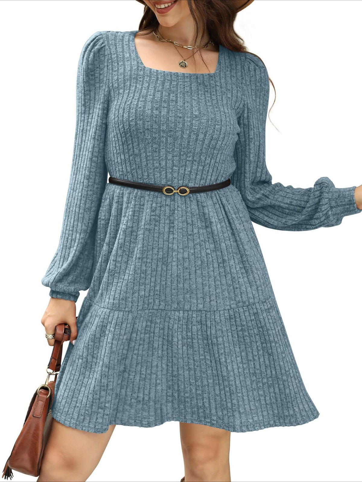 Square Neck Long Sleeve Dress with Pockets