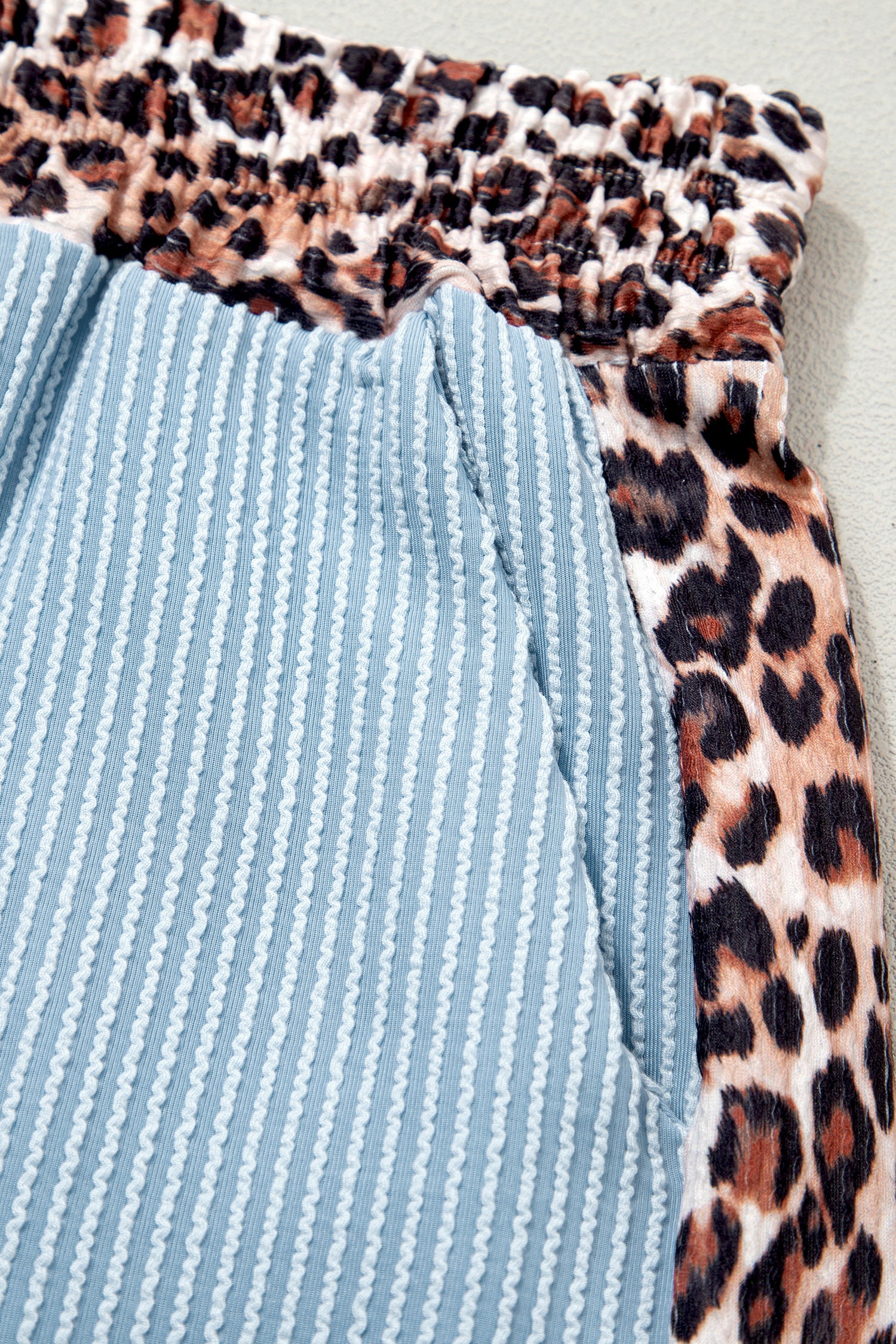 Sky Blue Leopard Trim Twist Ribbed Short Set
