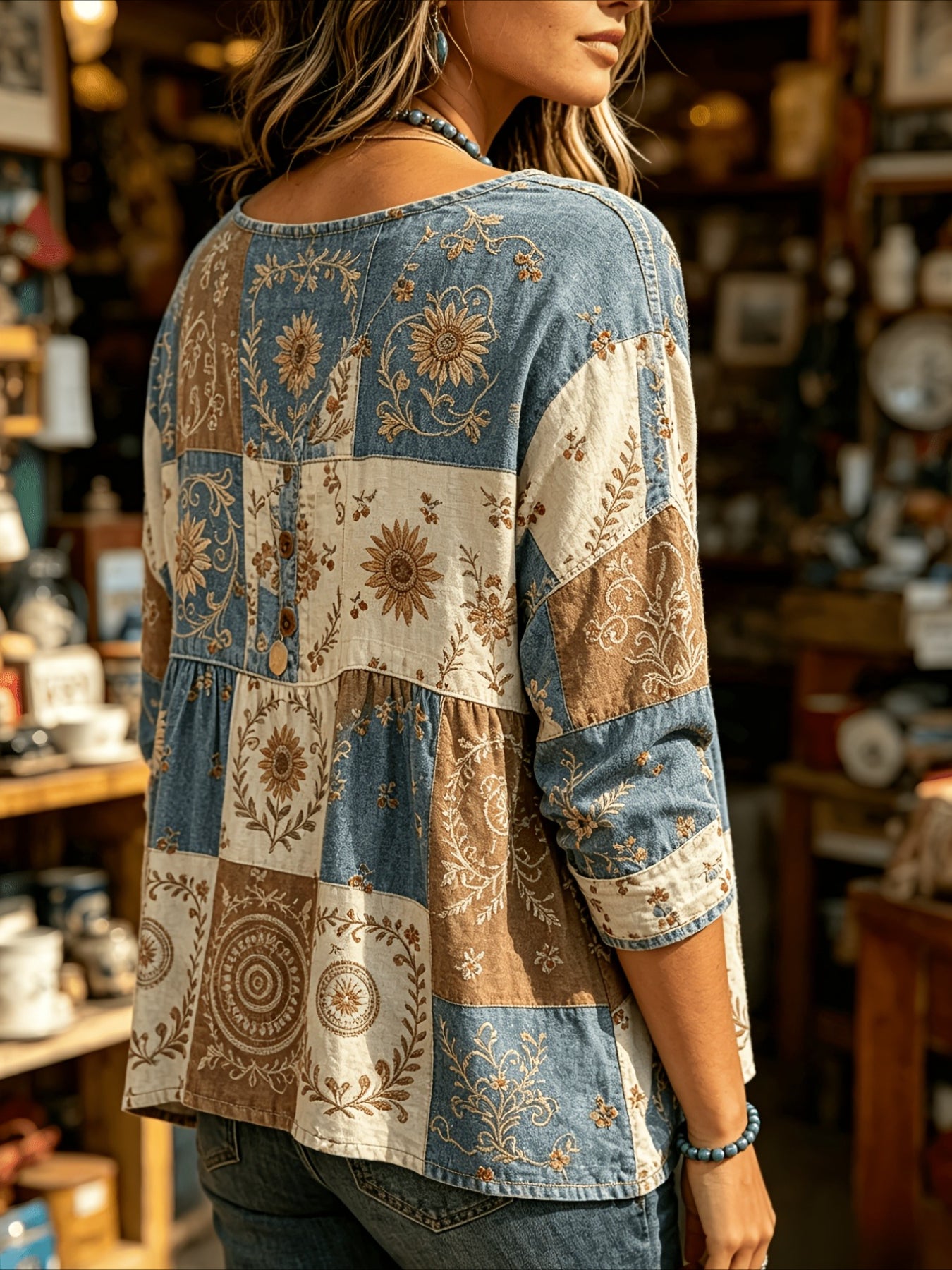 Floral Print 3/4 Sleeve V-Neck Three-Button Front Babydoll Blouse