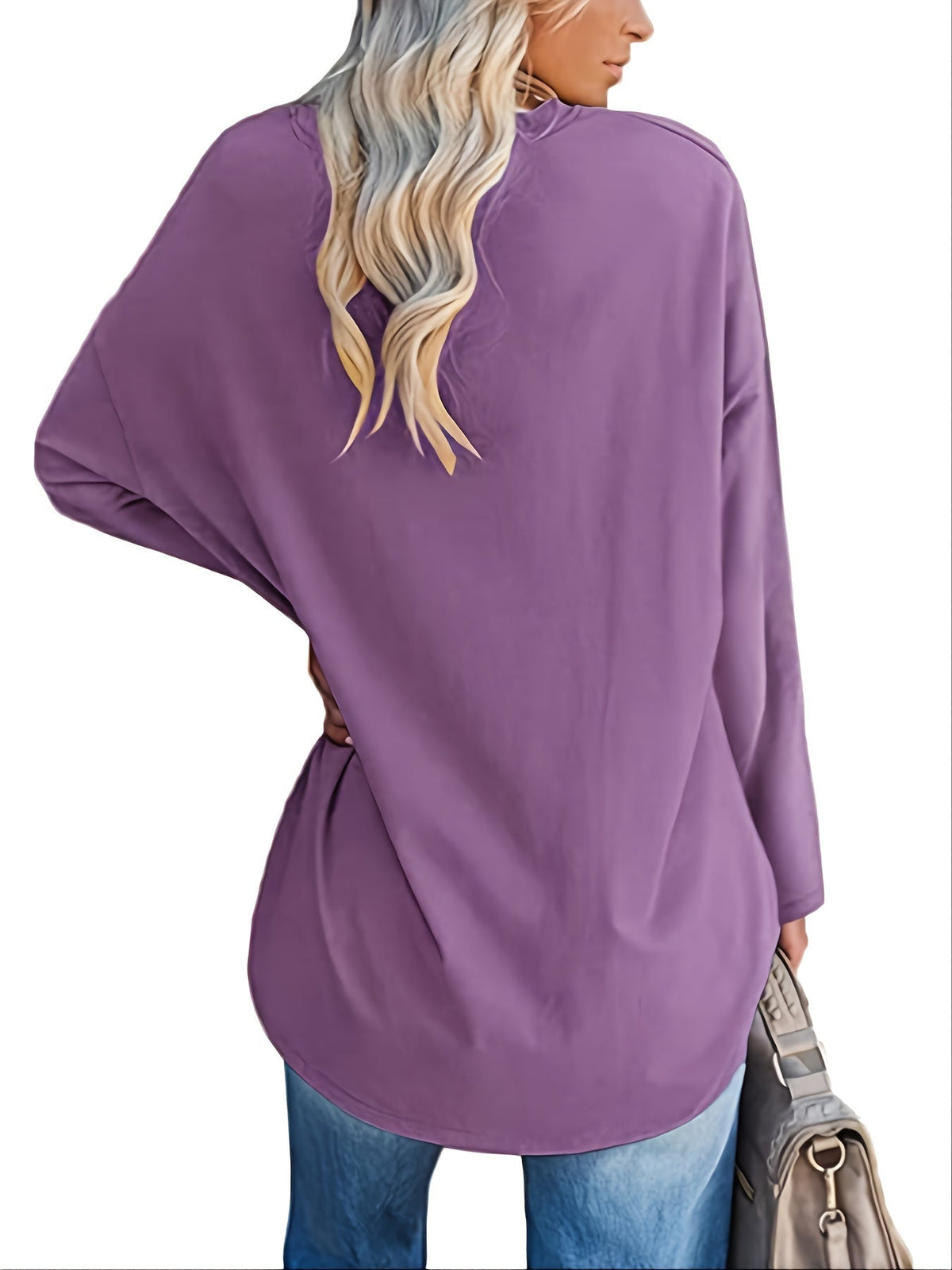 Women's Solid Color Oversized Tops, V-Neck Long Sleeve T-Shirts, Casual Loose Shirts