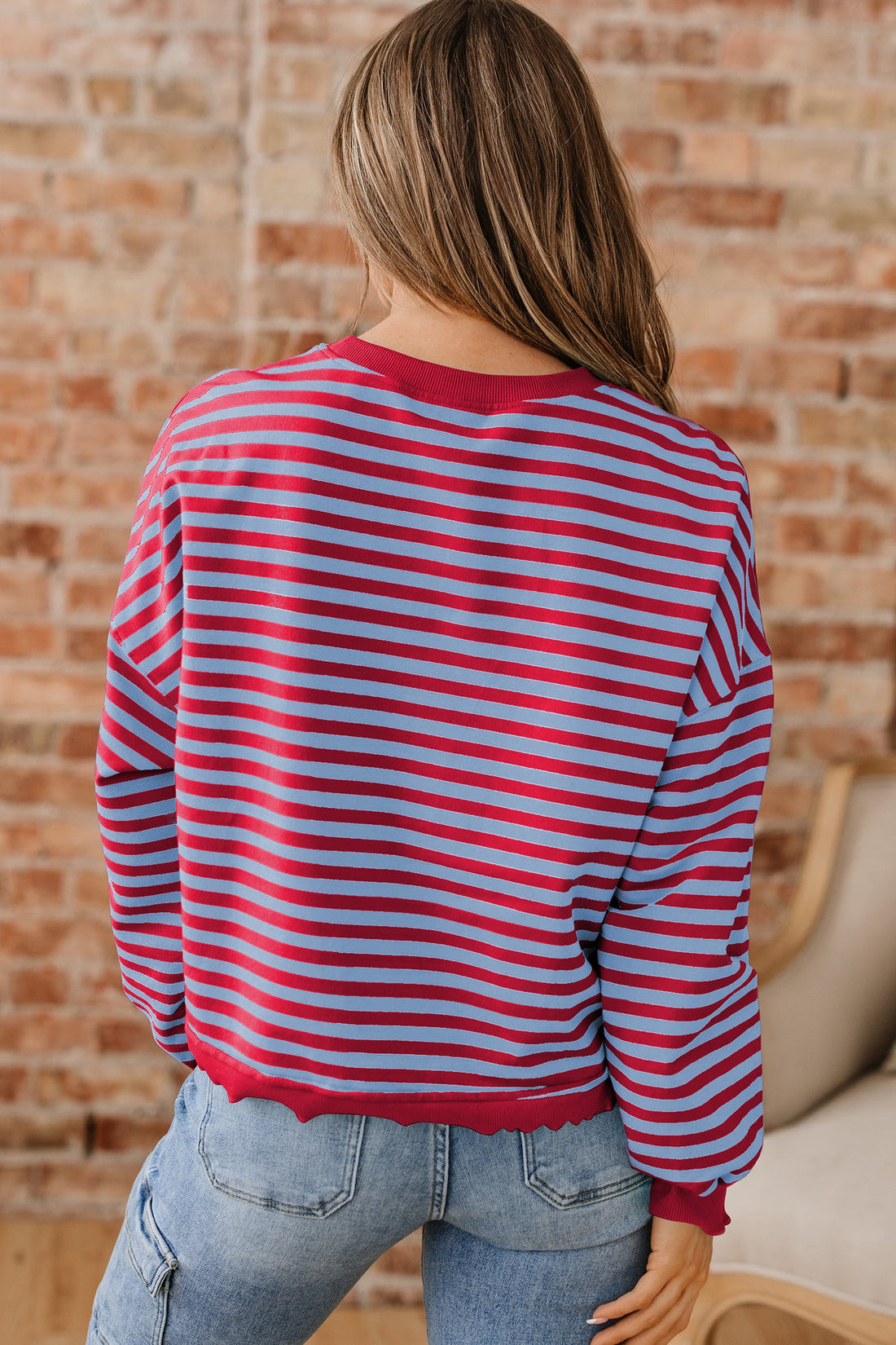 Red Stripe Exposed Seam Contrast Ribbed Trim Oversize Sweatshirt