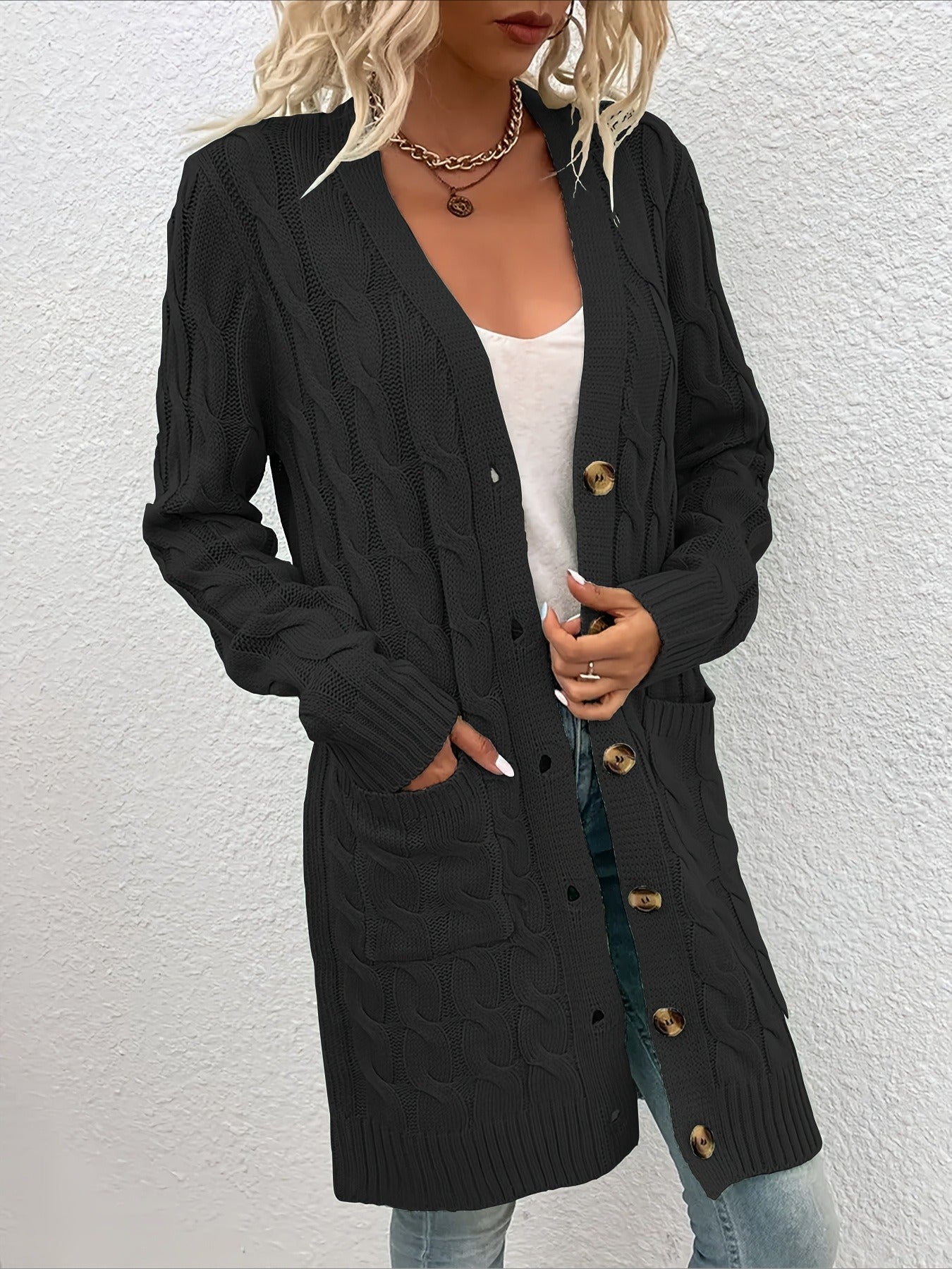 Elegant Long Nylon Soft Warm V-Neck Long Sleeves Sweater with Button Front
