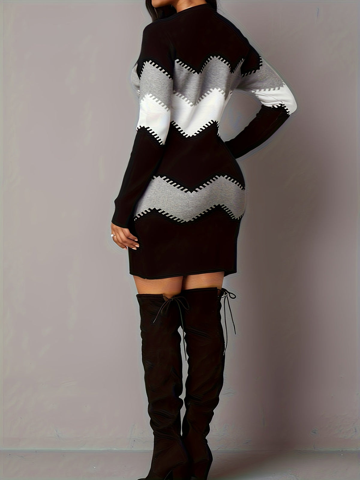 Casual Dress, Women's Colorblock Stripe Print Long Sleeve Round Neck Dress