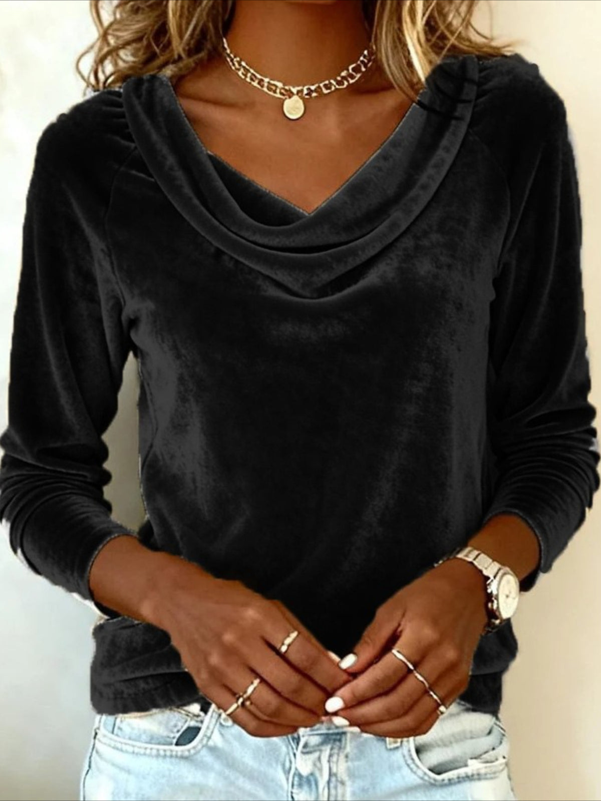 Solid Color Swinging Neck Long Sleeve Sexy Velvet T-shirt