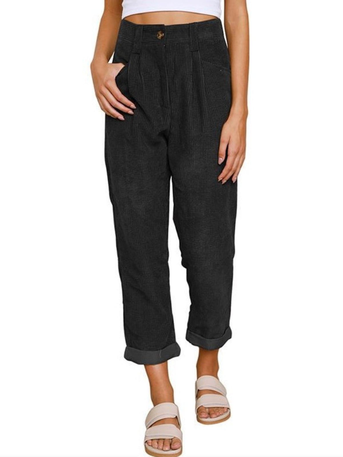 Women's High-Waist Corduroy Pants - Casual Solid Color, Loose Fit Straight Leg with Pockets