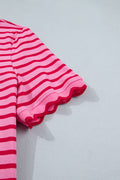 Pink Stripe Scalloped Trim Round Neck T Shirt