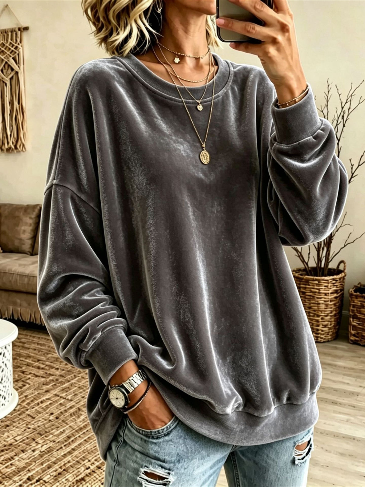 Crew Neck Drop Shoulder Velvet Sweatshirt