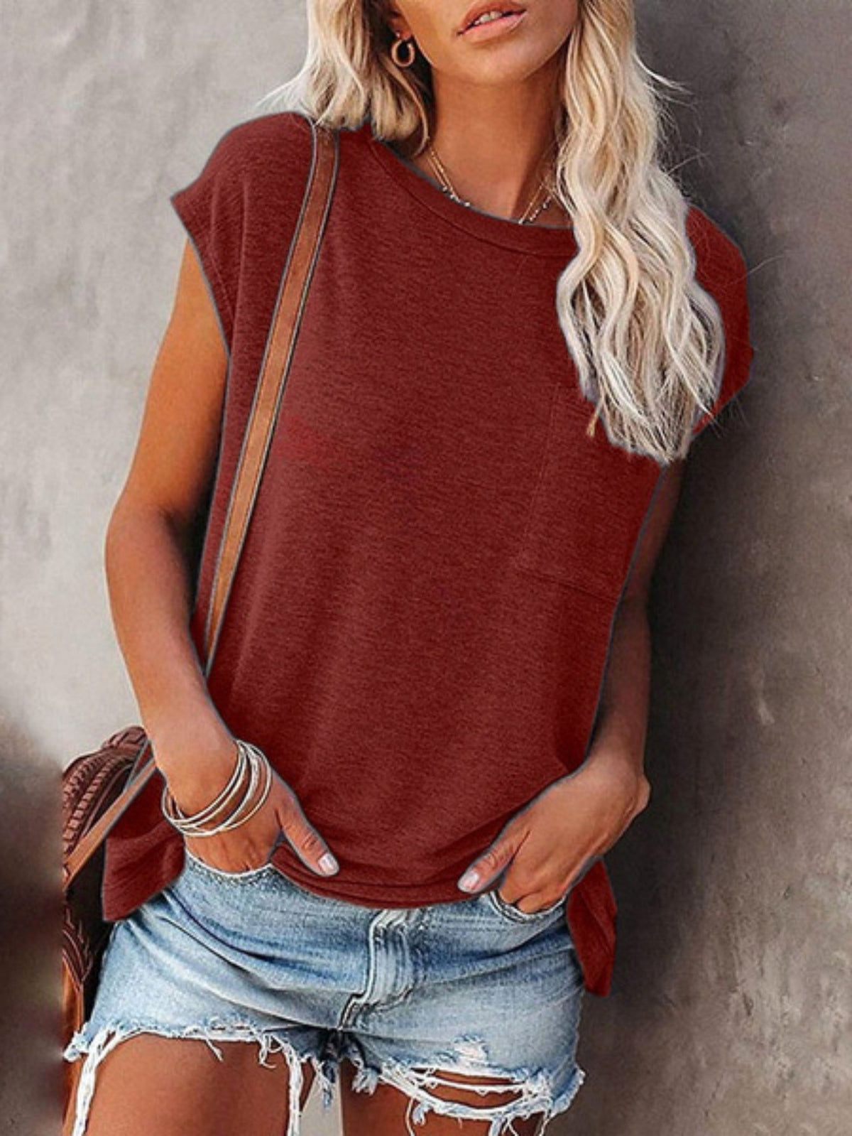 Solid Chest Pocket Loose T-shirt, Batwing Sleeve Crew Neck Top