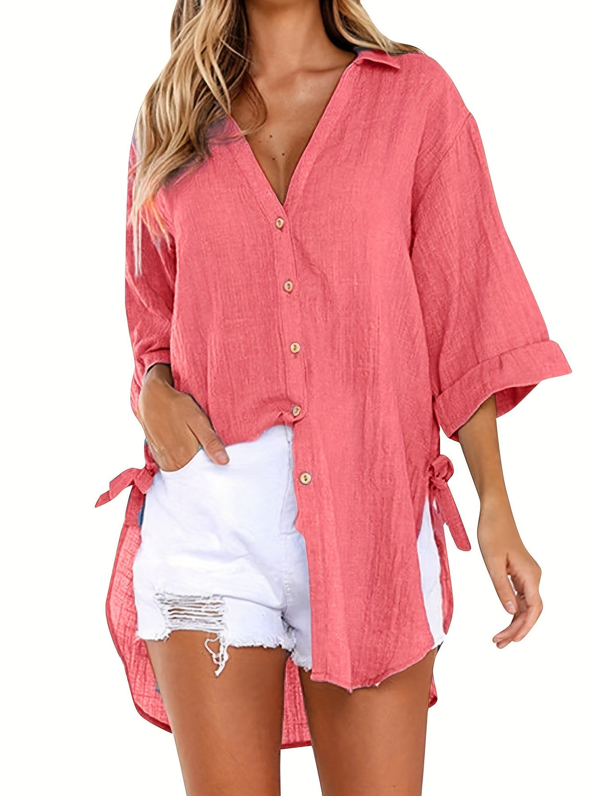 Solid Color V Neck Blouse, Casual Half Sleeve Blouse