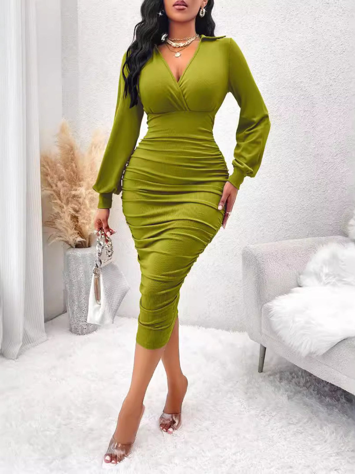 Elegant Side Ruched Long Sleeve Solid Color V-Neck Midi Dress