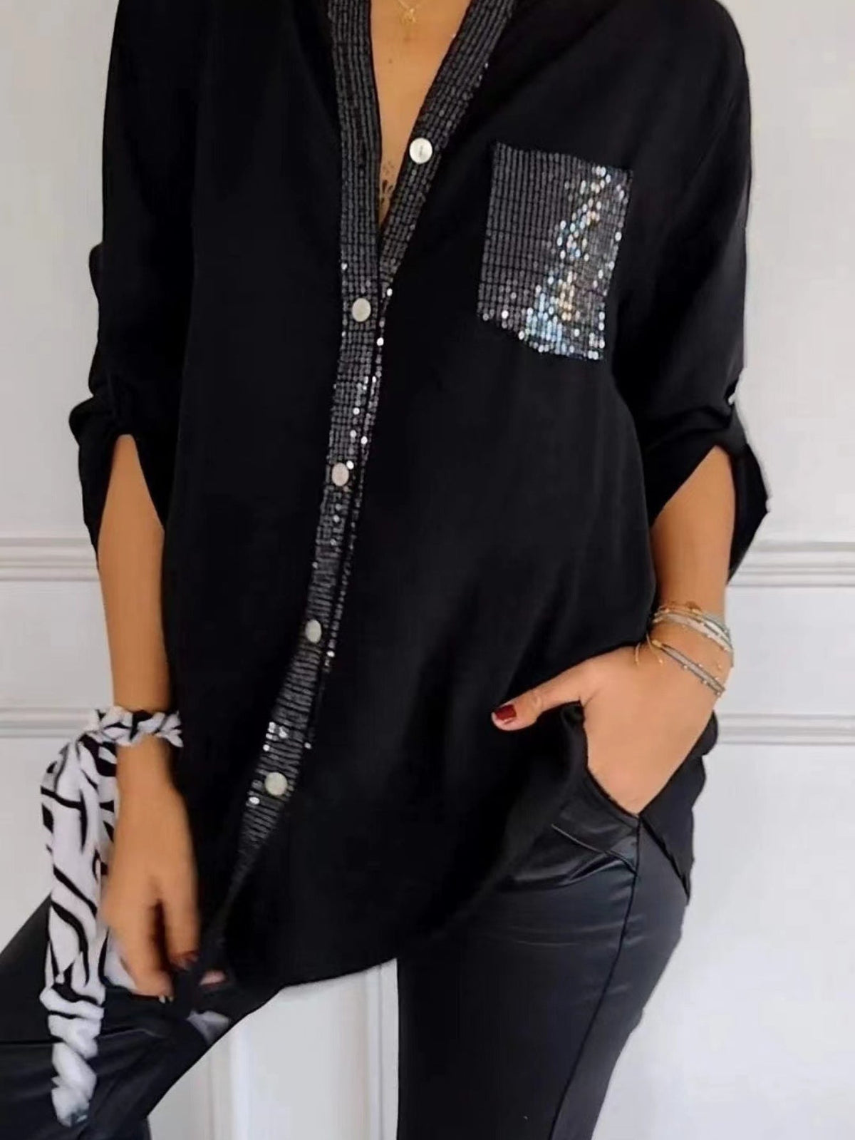 Solid Color Casual V-Neck Sequin Loose Fit Long Sleeve Blouse