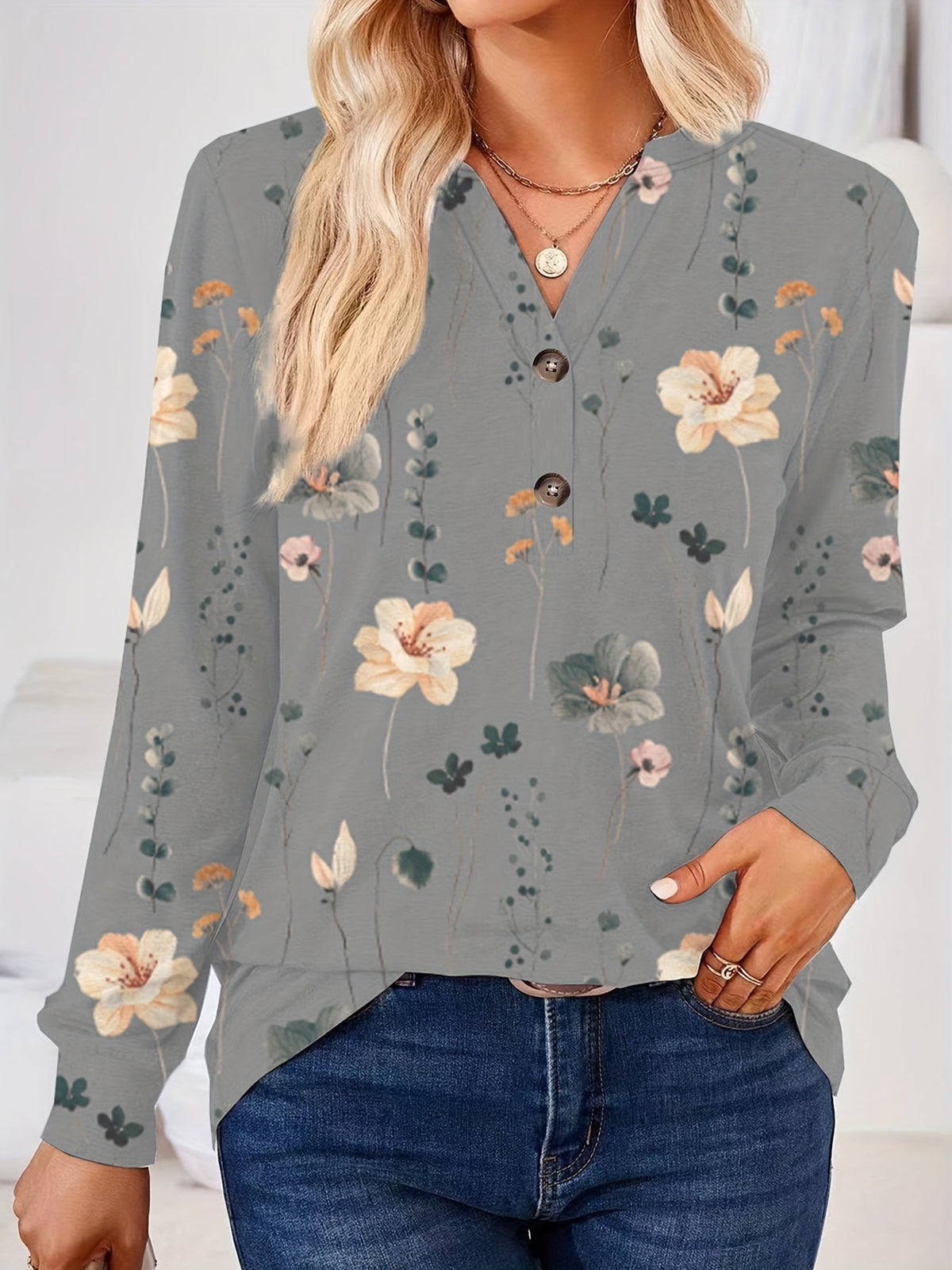 Floral Print V Neck Button T-Shirt, Casual Long Sleeve T-Shirt