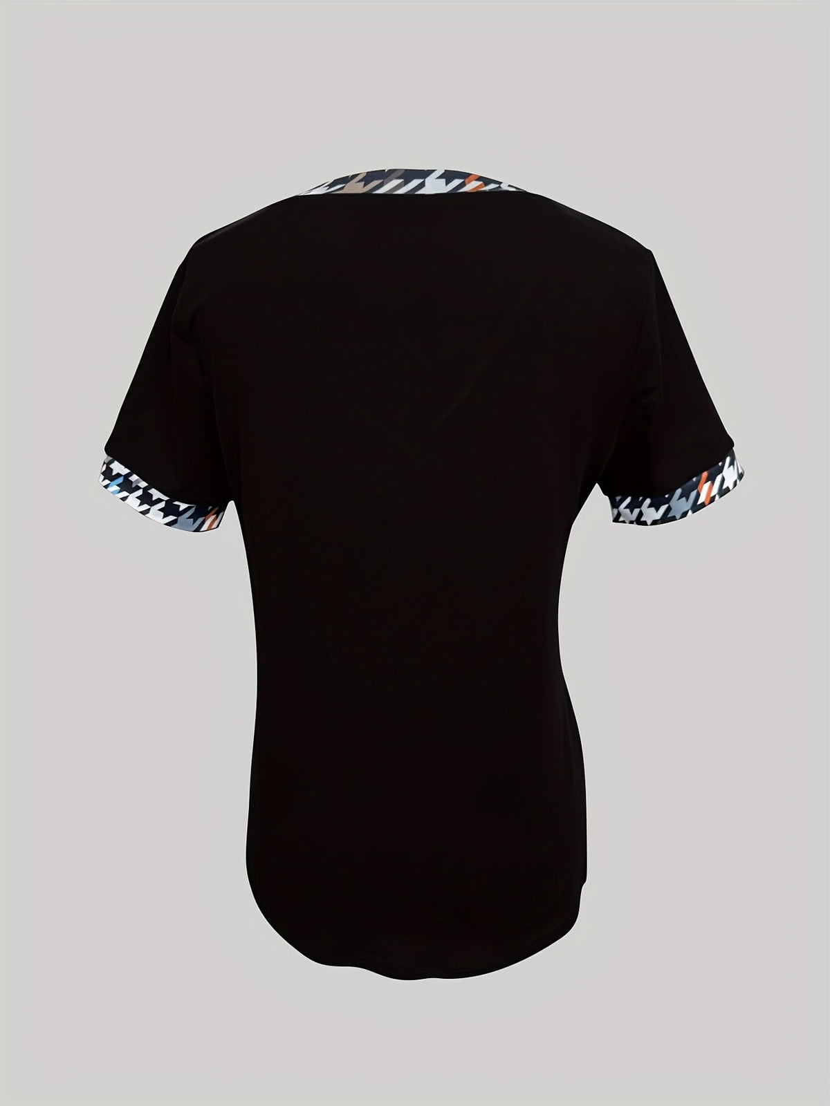 Elegant Short Sleeve Houndstooth Contrast V-Neck Tee