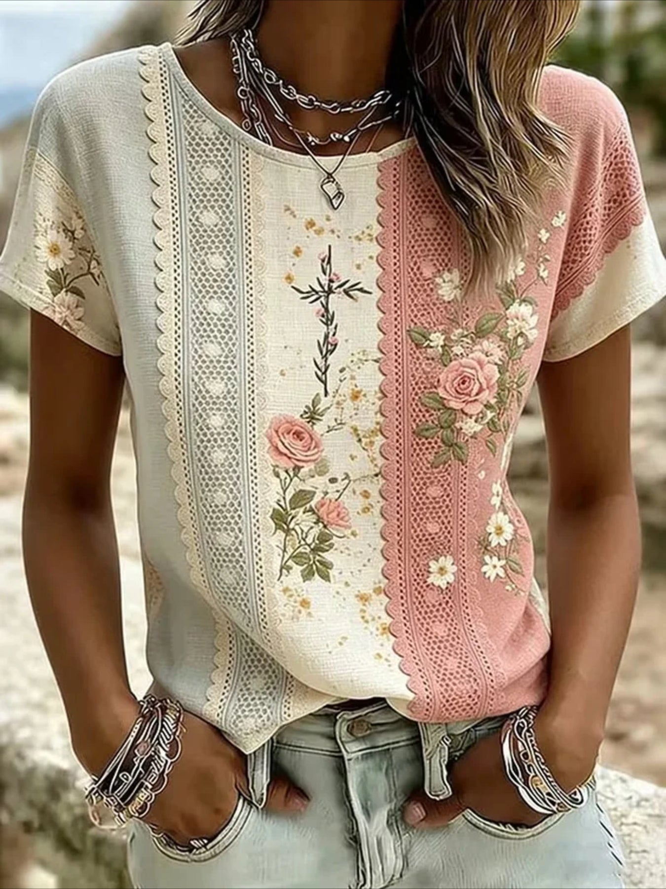 Floral Print Short Sleeve Crew Neck Top with Patchwork Blouse Style