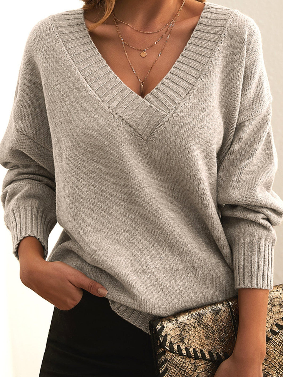 Solid Simple Knit Sweater, Casual V Neck Long Sleeve Sweater
