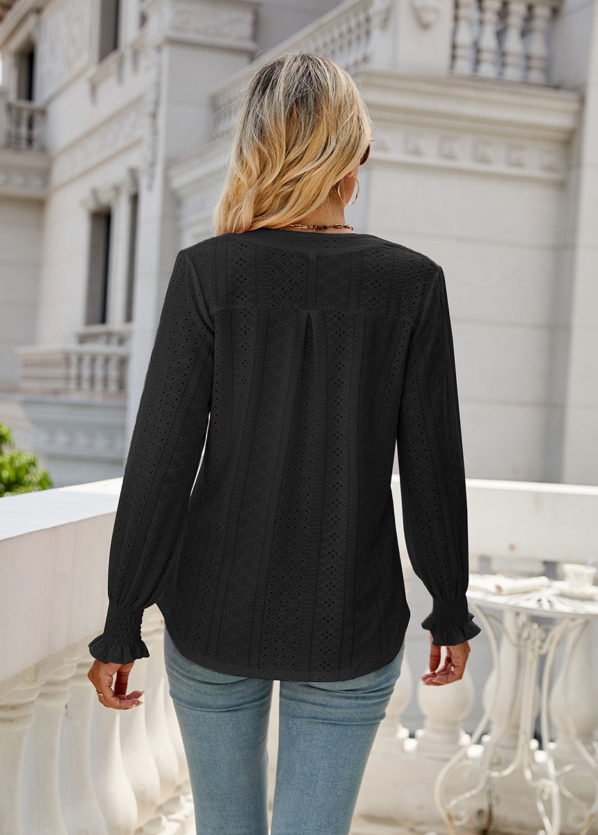 Solid Color Hollow Pleated Ruffle Sleeve V-Neck Loose Long Sleeve Top
