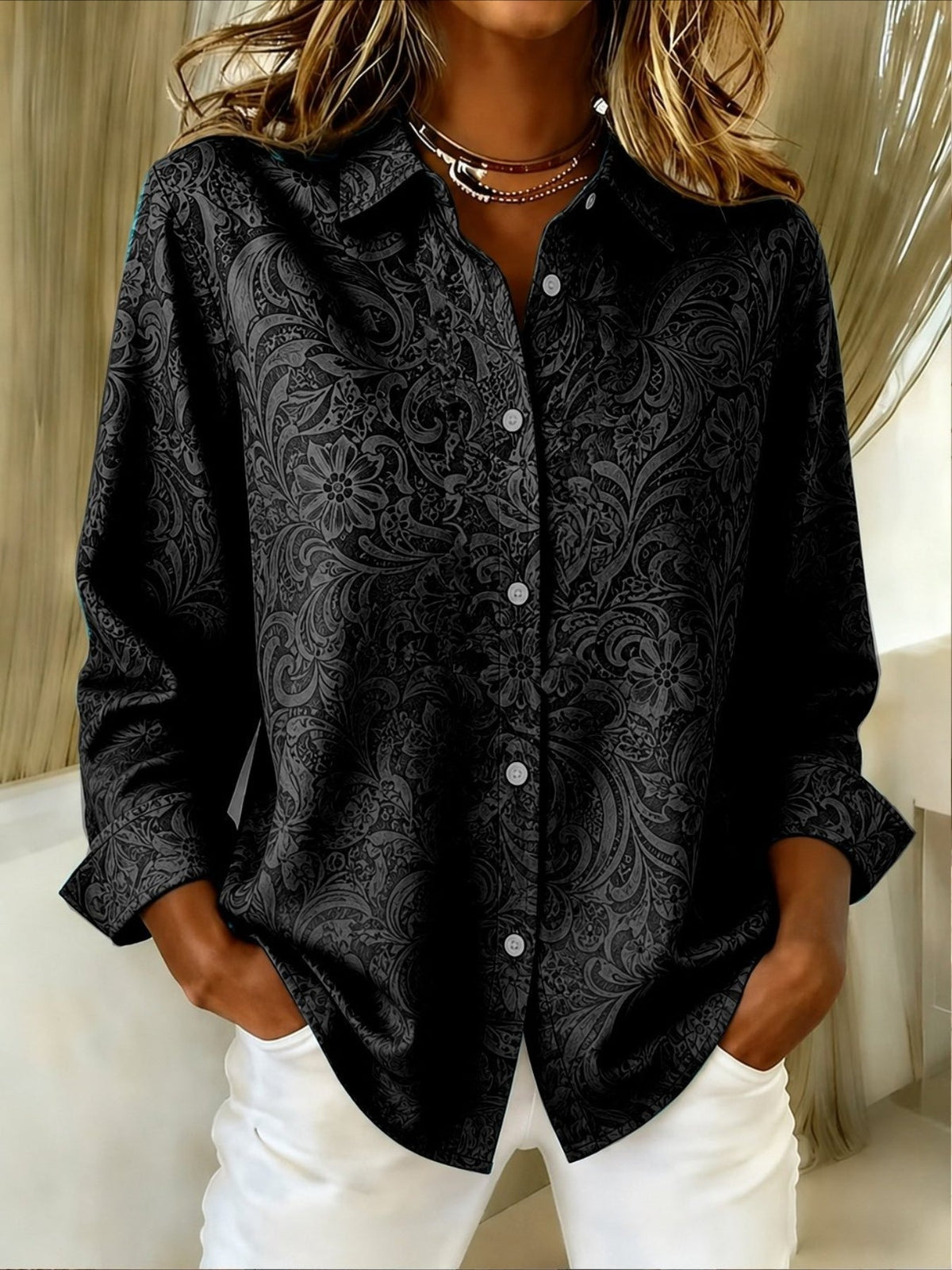 V Neck Long Sleeve Plain Regular Micro-Elasticity Regular Fit Shirt