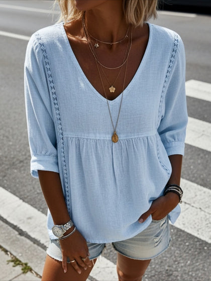Casual Seven-Point Sleeve Lace V-Neck Pullover Multi-Color Tops