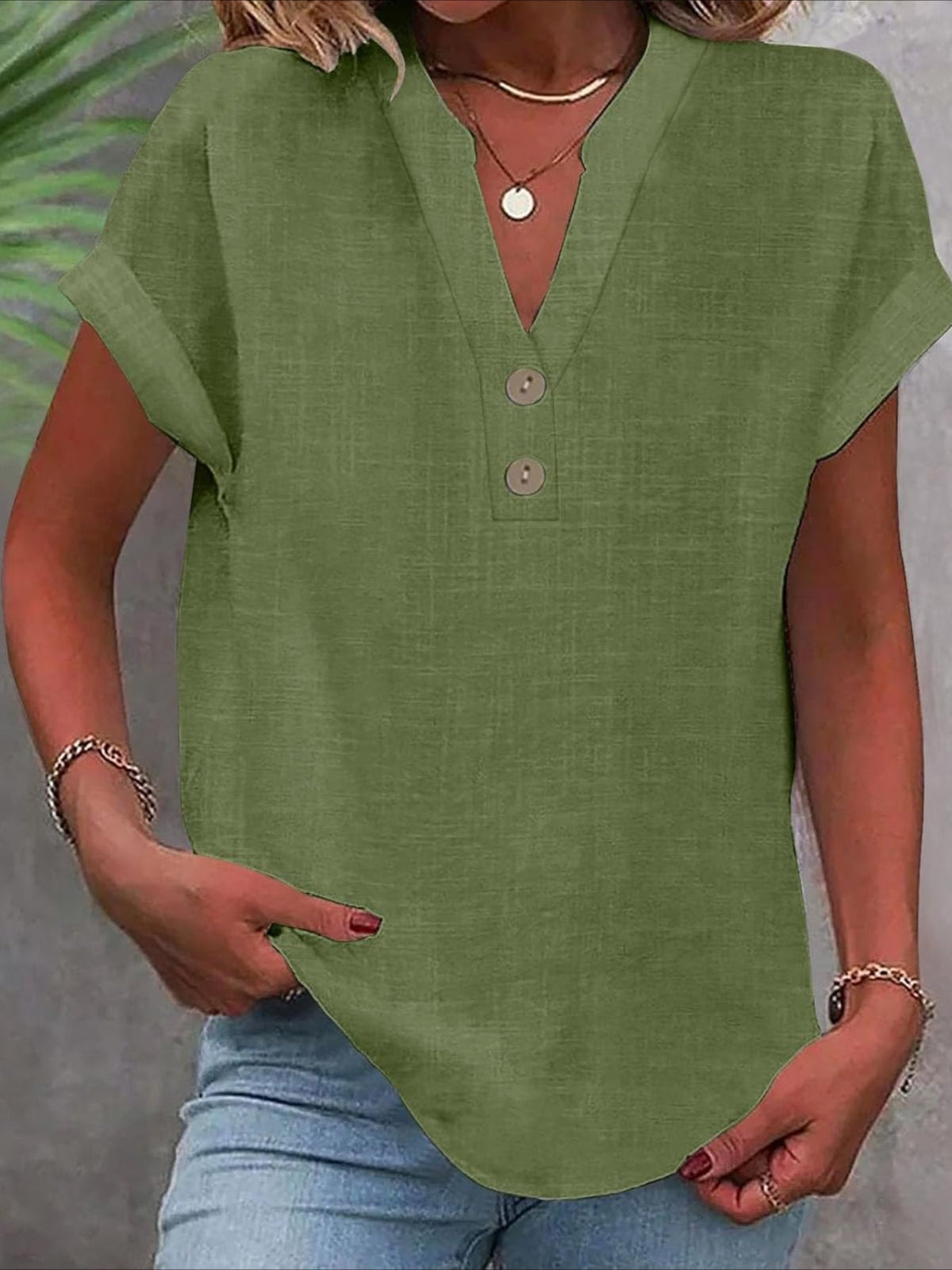 Solid Color V Neck Short Sleeve Button Down T Shirts