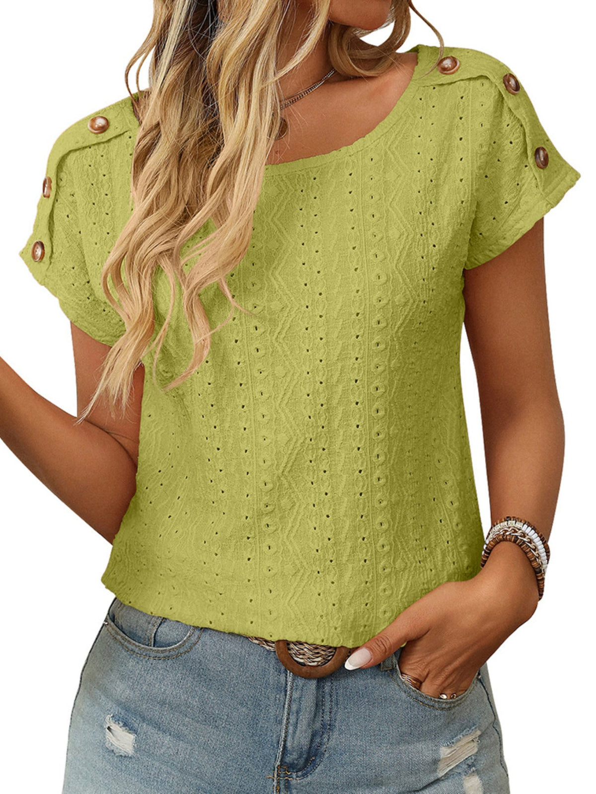 Solid Color Round Neck Shoulder Button Embroidery Hollow Short Sleeved T-shirt