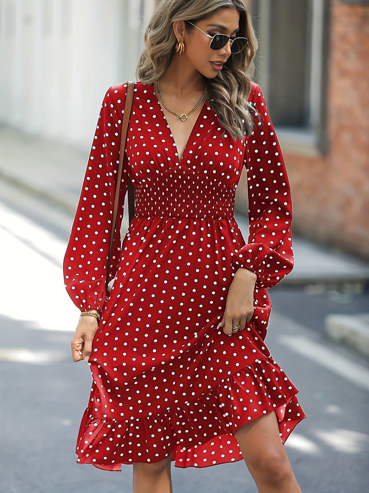 Retro V-neck Ruffle Dress, Polka Dot Print Long Sleeve Waist Loose Summer Dresses