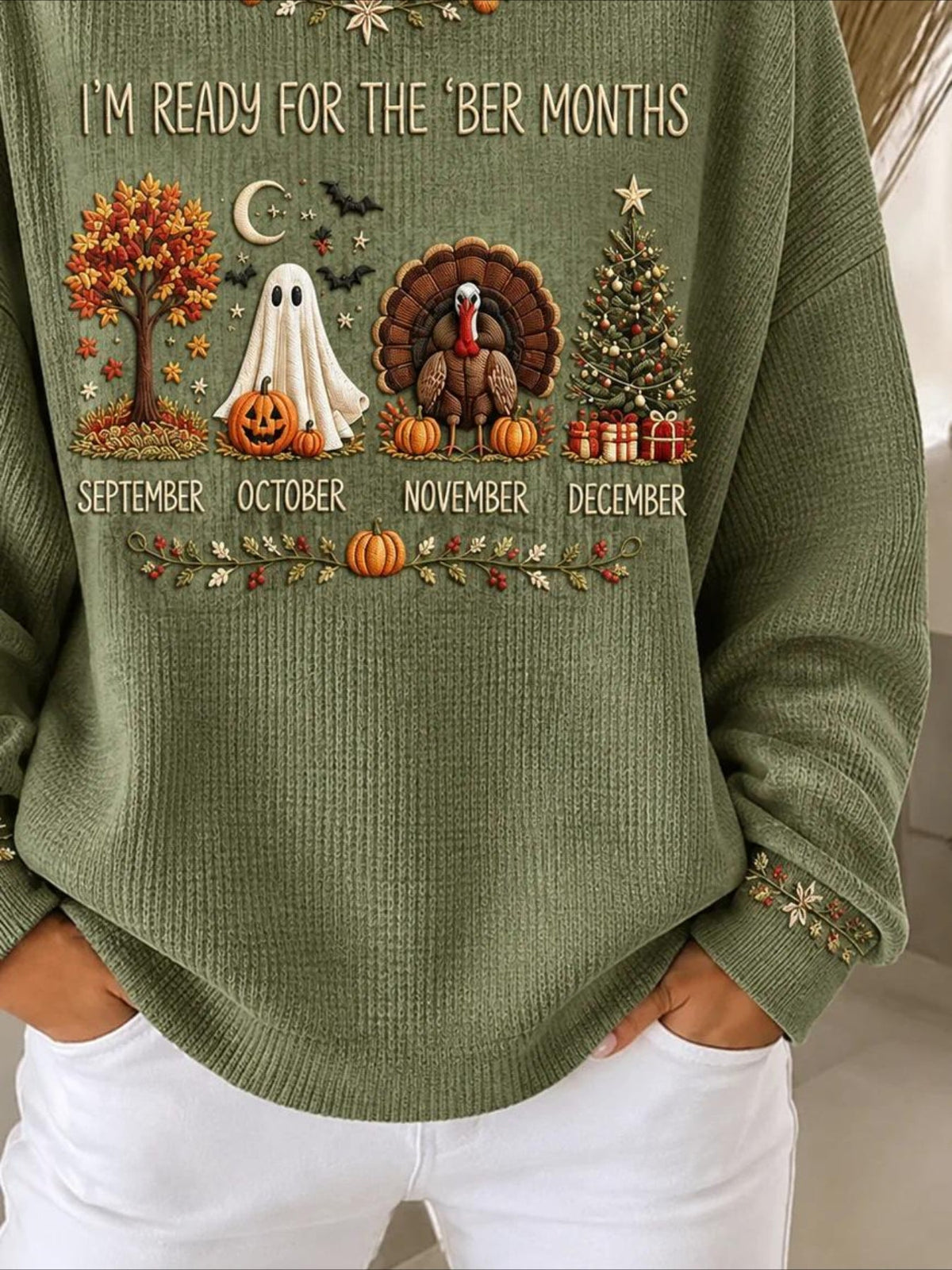 Halloween Printed Crew Neck Floral Long Sleeve Sweater Hoodie