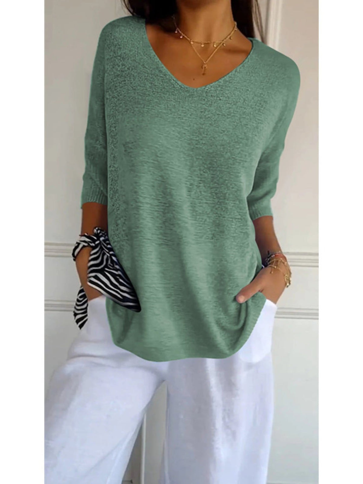 Cozy V Neck Pullover Three-Quarter Sleeve Knitted Sweater