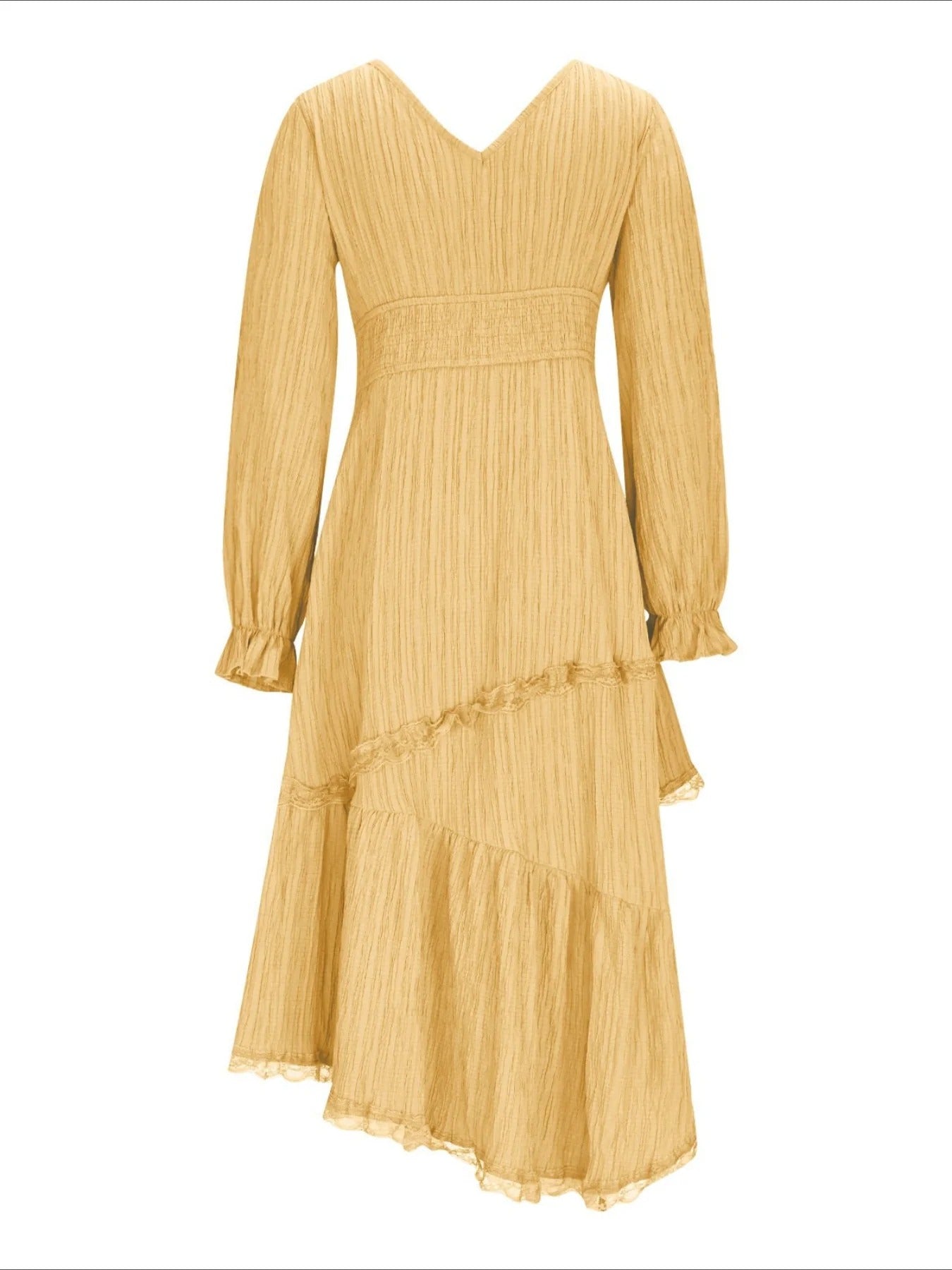 Solid Color Elegant Long Sleeve V-Neck Midi Dress
