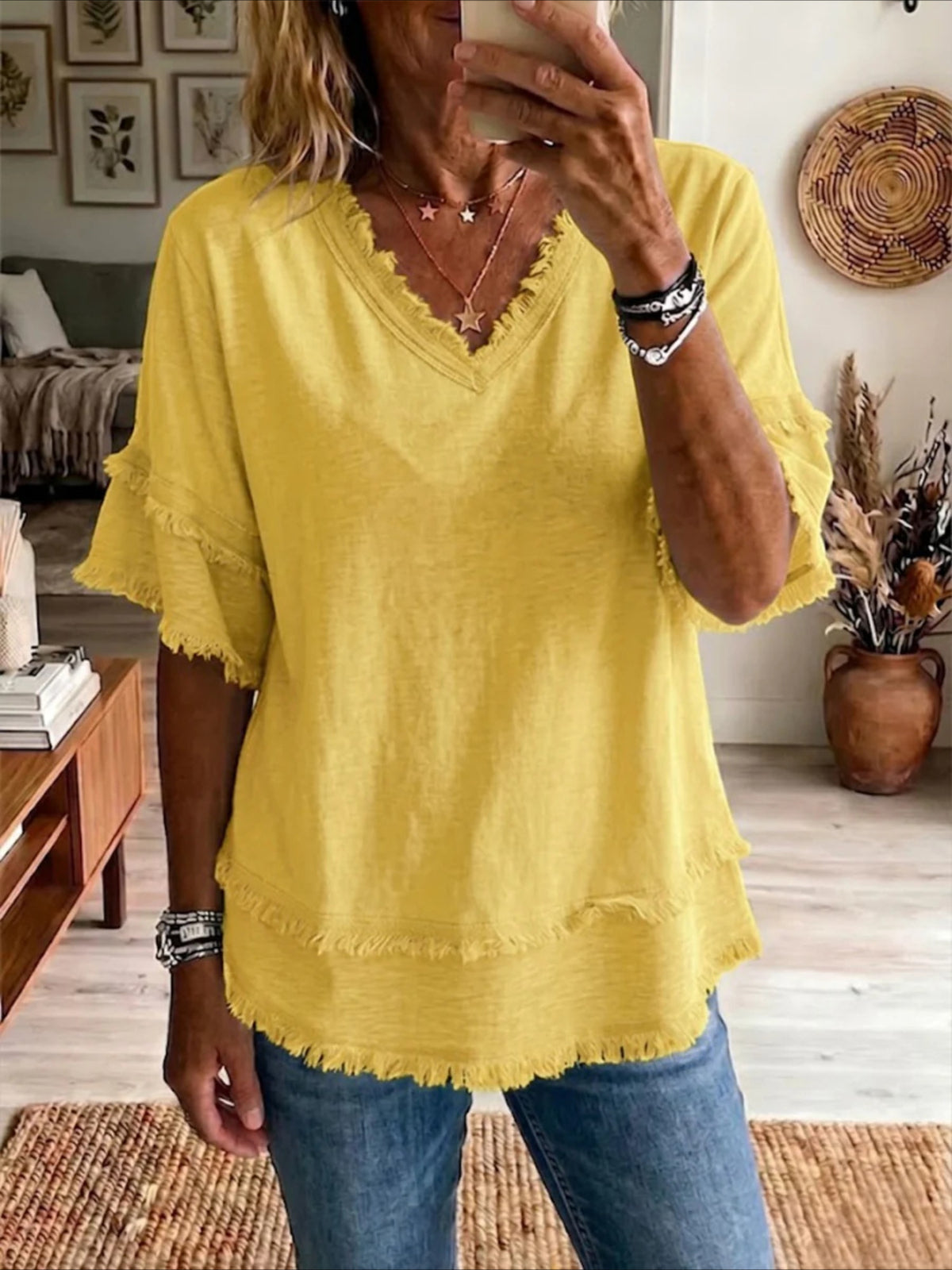 V Neck Pullover Short Sleeve Loose Casual Blouse