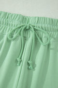 Clearly Aqua Solid Color Ribbed Trim Short Sleeve Top Drawstring Loose Pants 2pcs Outfit