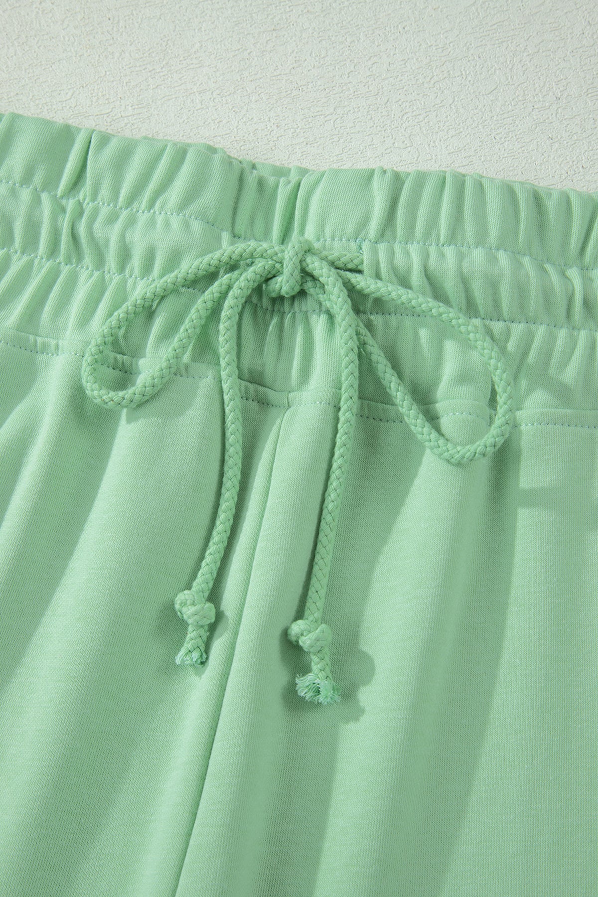 Clearly Aqua Solid Color Ribbed Trim Short Sleeve Top Drawstring Loose Pants 2pcs Outfit