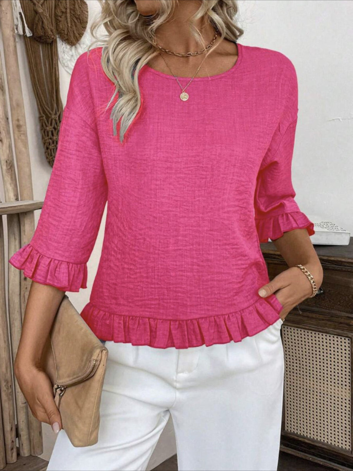 Gradient Color Casual Drop Shoulder Round Neck Loose Fit Top